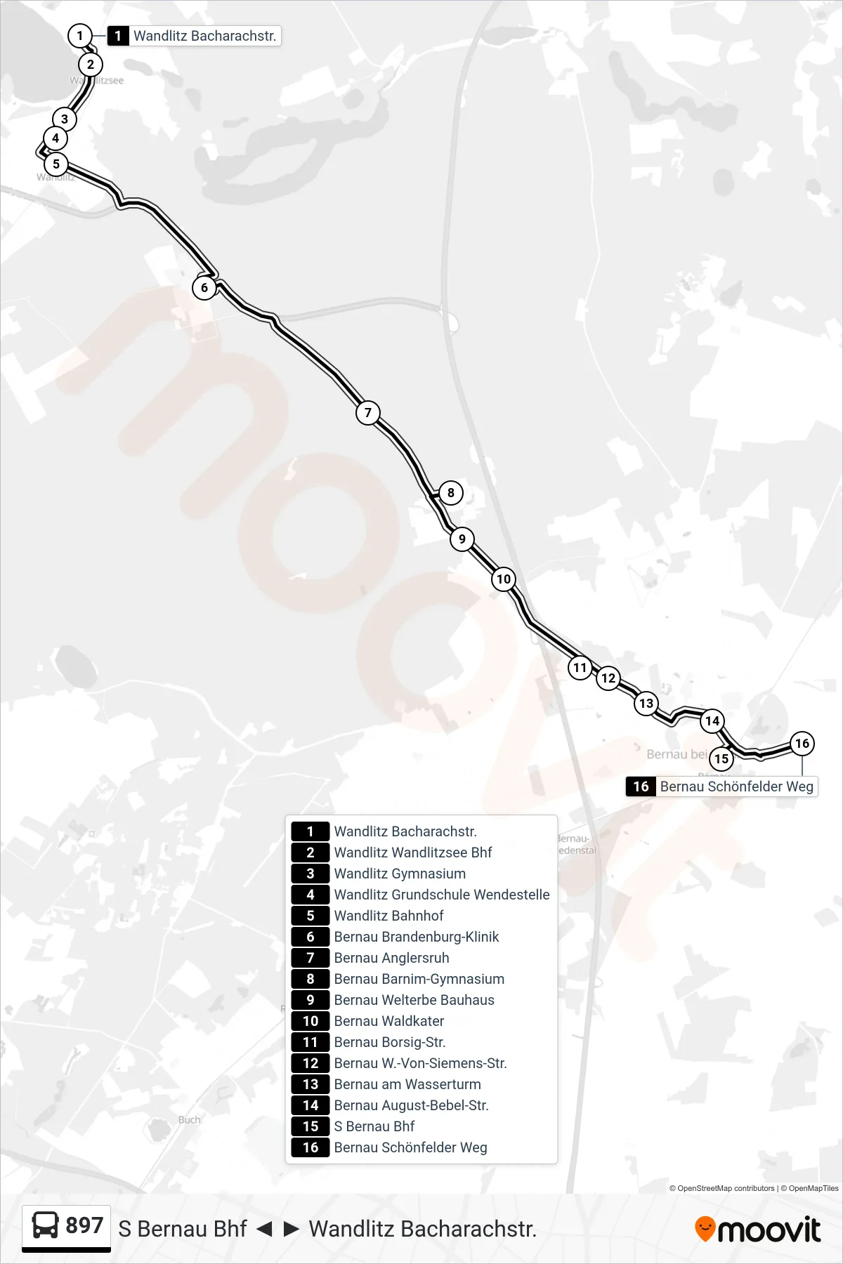 897 bus Line (Bernau Schönfelder Weg) route and stops on a map