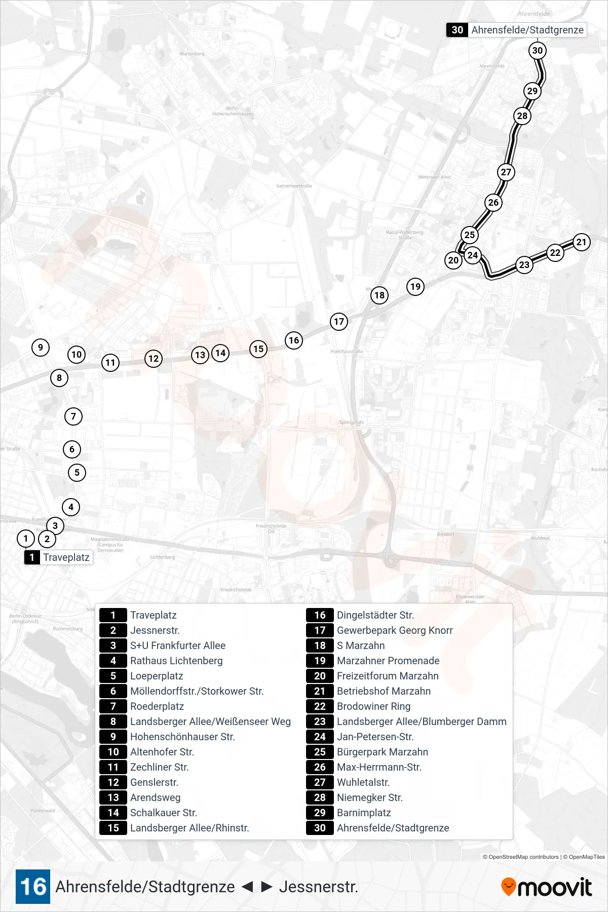 16 light rail Line (Ahrensfelde/Stadtgrenze) route and stops on a map