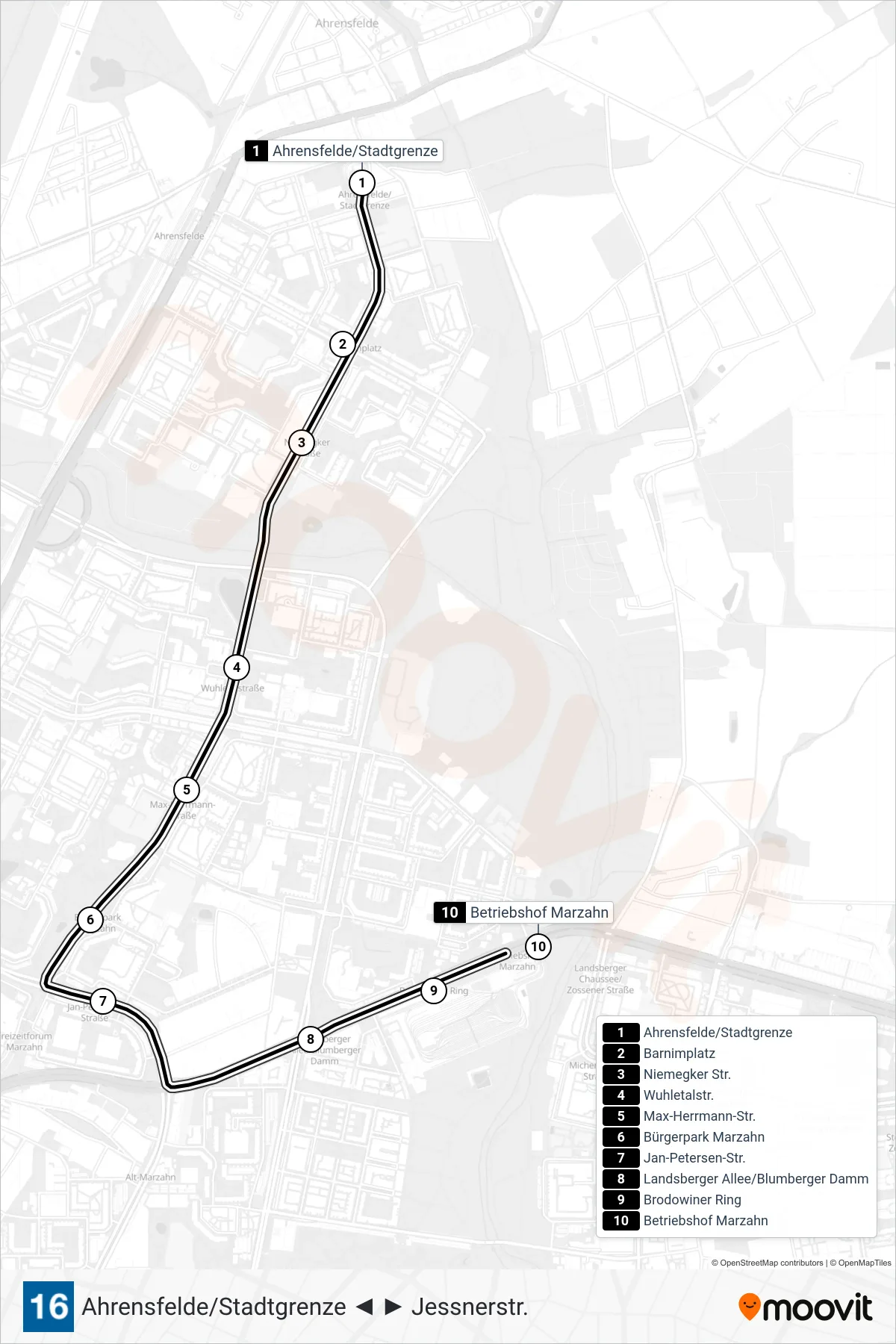 Linie 16 (Straßenbahn) Richtung Betriebshof Marzahn: Route und Haltestellen auf der Karte