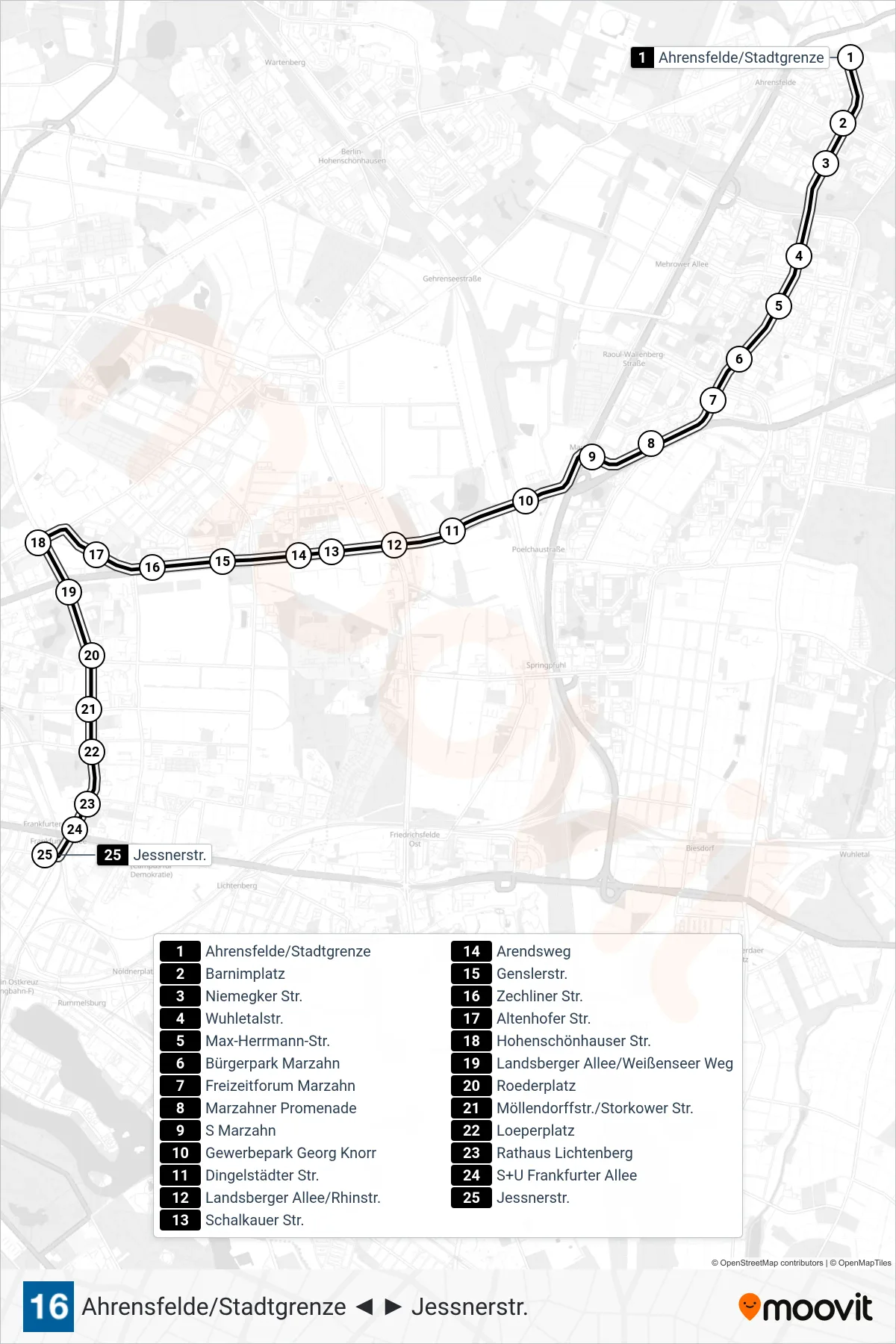 Linie 16 (Straßenbahn) Richtung Jessnerstr.: Route und Haltestellen auf der Karte
