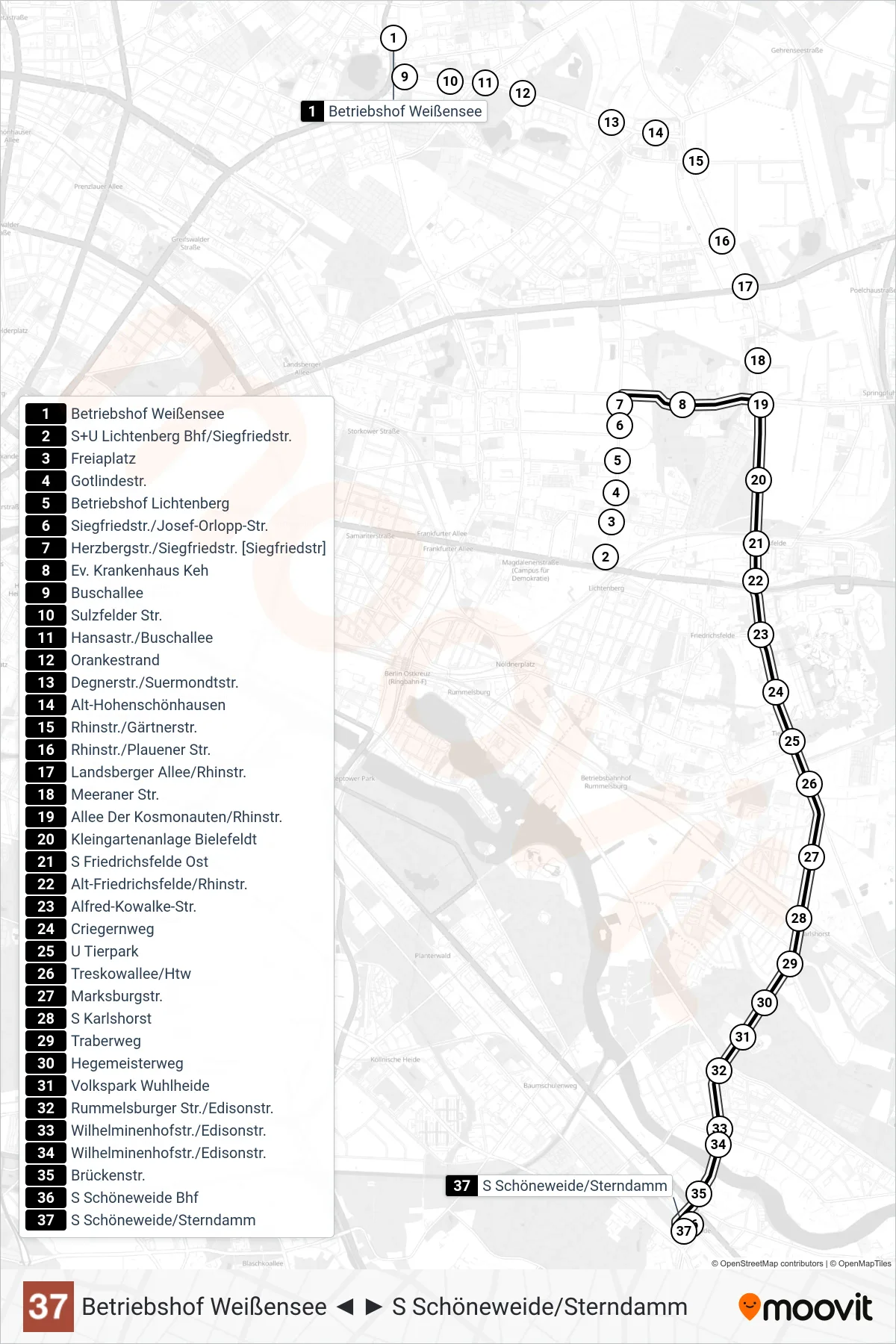 Linie 37 (Straßenbahn) Richtung S Schöneweide/Sterndamm: Route und Haltestellen auf der Karte