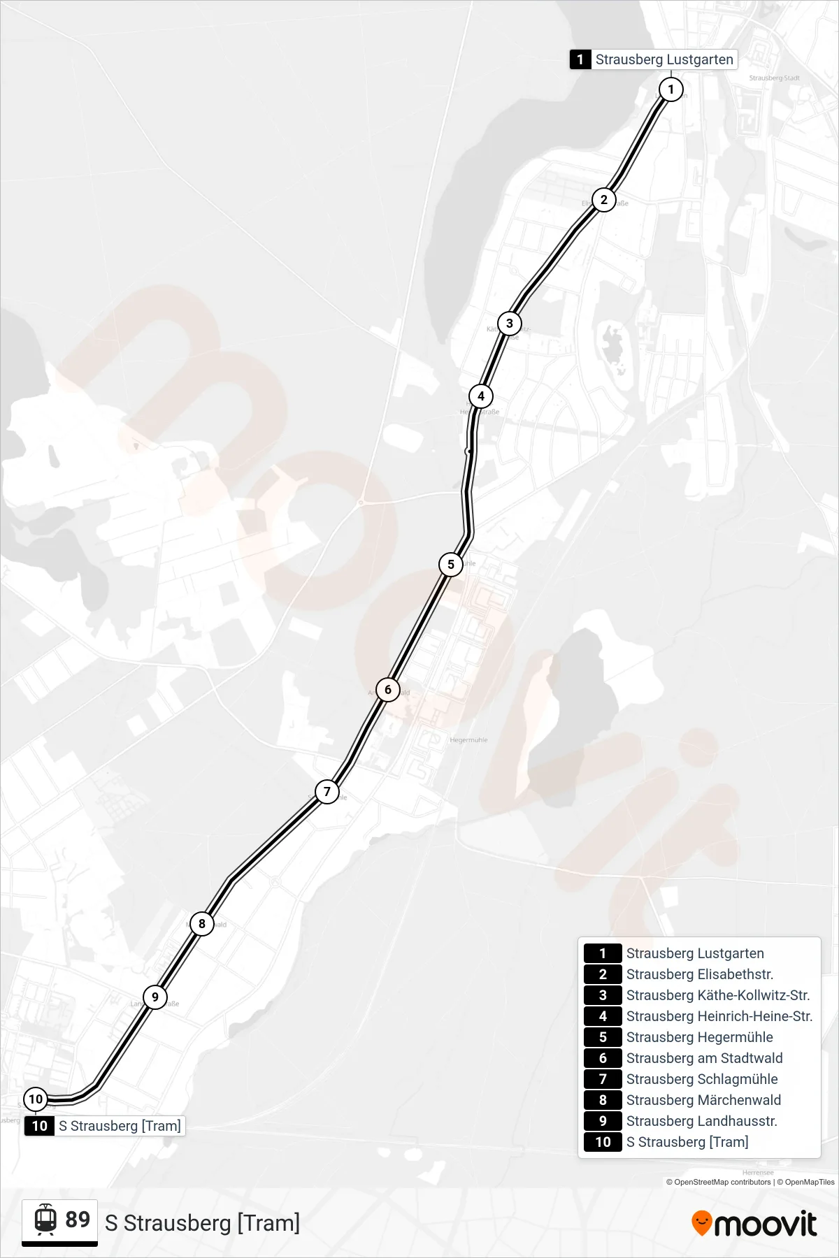 Linie 89 (Straßenbahn) Richtung S Strausberg [Tram]: Route und Haltestellen auf der Karte