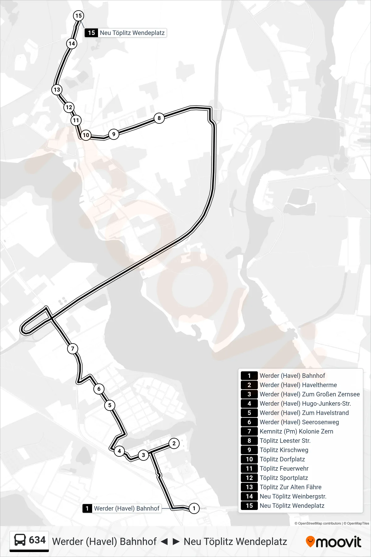 Linie 634 (Bus) Richtung Neu Töplitz Wendeplatz: Route und Haltestellen auf der Karte