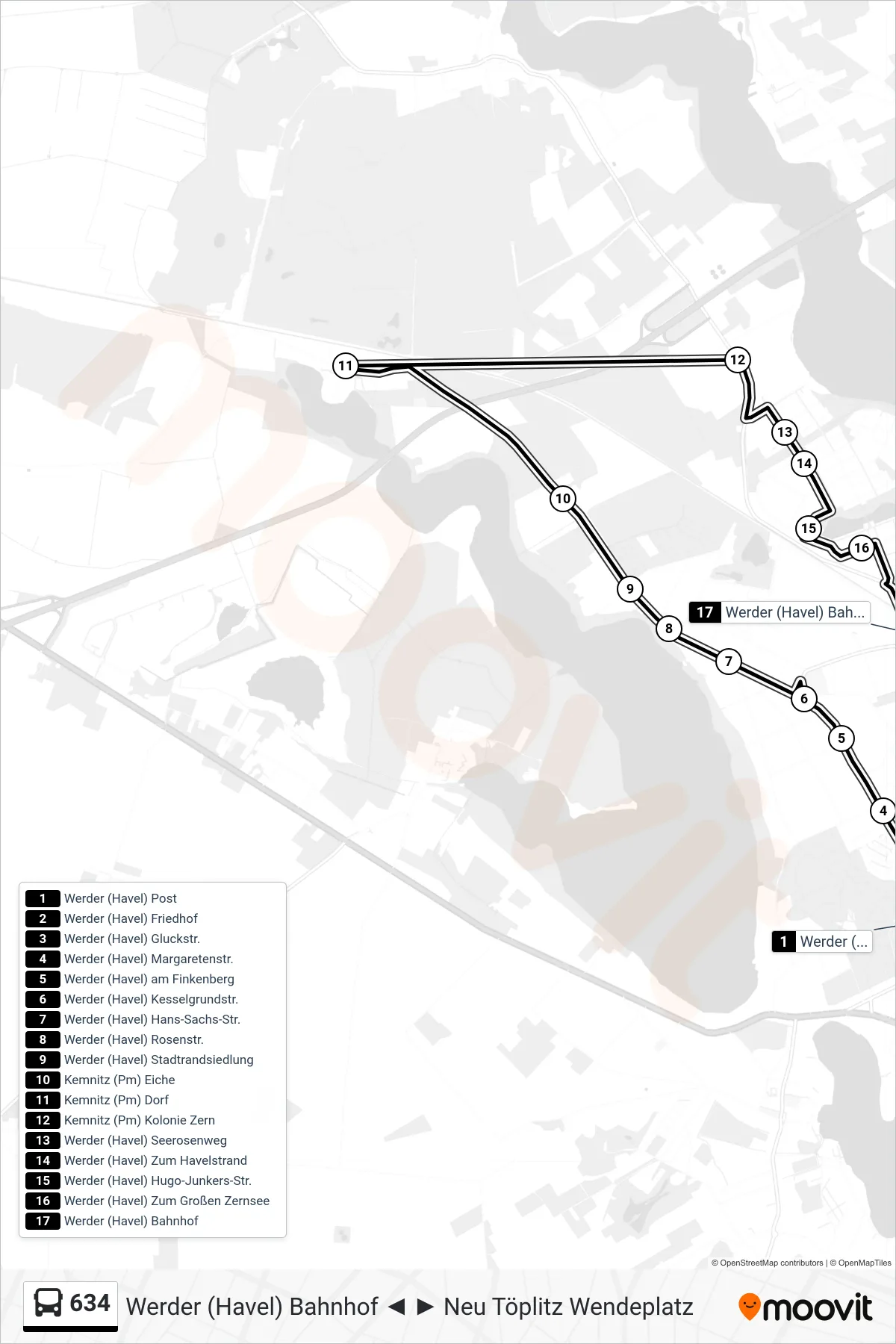 Linie 634 (Bus) Richtung Werder (Havel) Bahnhof: Route und Haltestellen auf der Karte