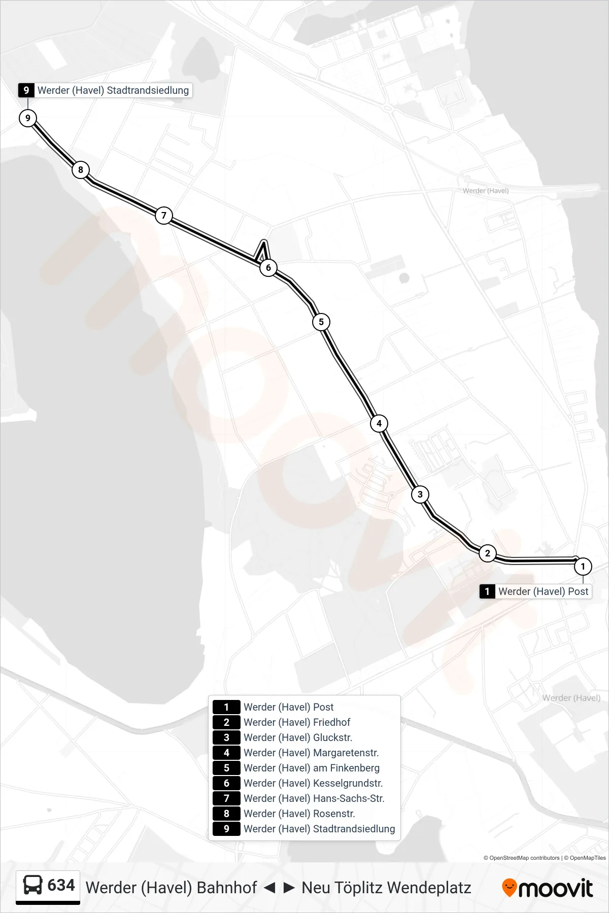 Linie 634 (Bus) Richtung Werder (Havel) Stadtrandsiedlung: Route und Haltestellen auf der Karte