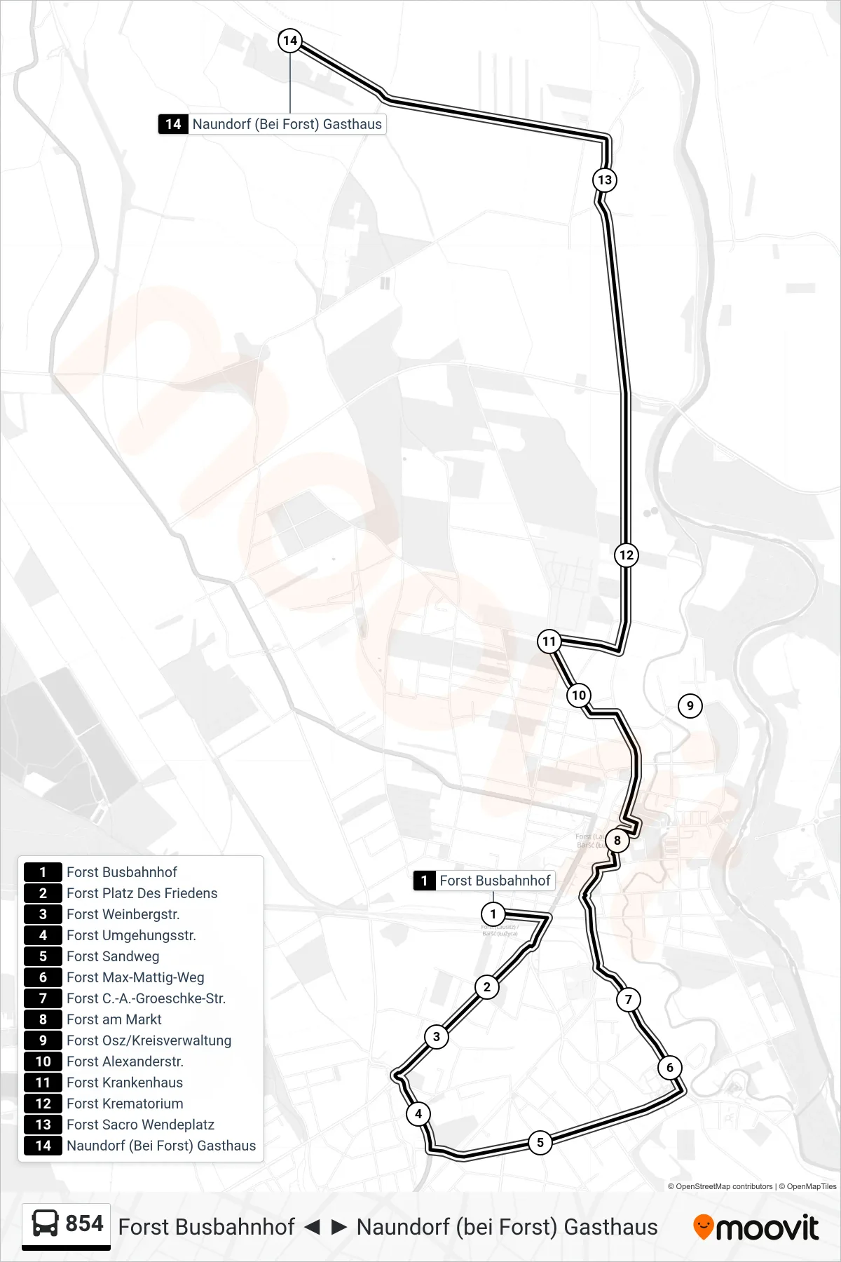 854 bus Line (Naundorf (Bei Forst) Gasthaus) route and stops on a map