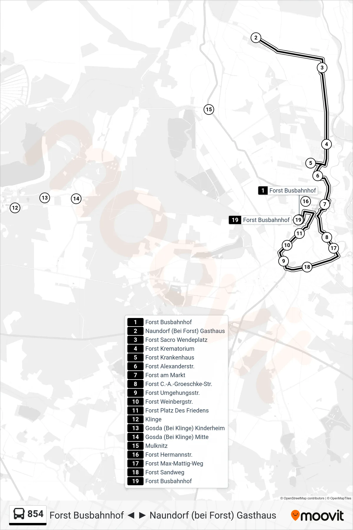 854 bus Line (Forst Busbahnhof) route and stops on a map