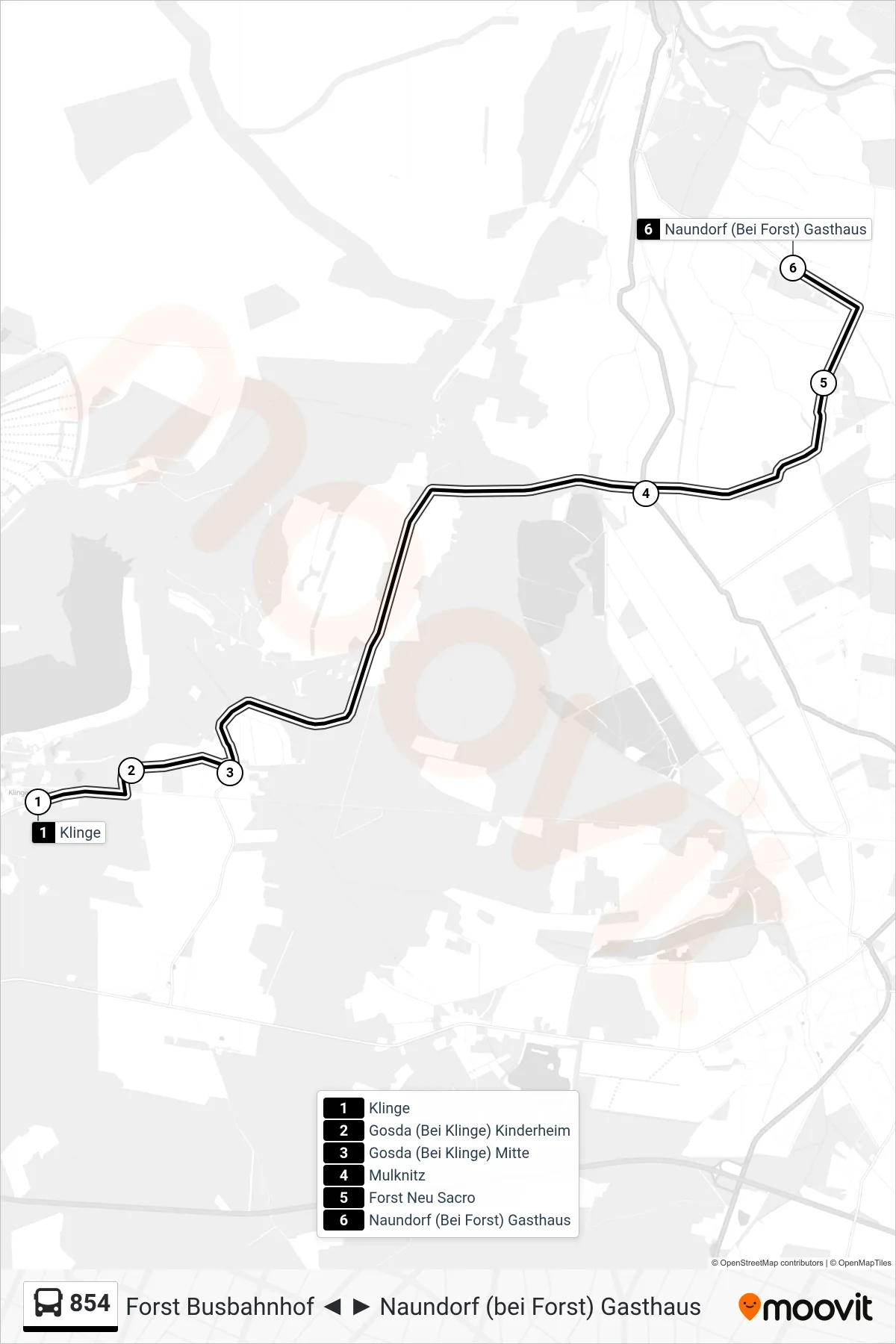 Linie 854 (Bus) Richtung Naundorf (Bei Forst) Gasthaus: Route und Haltestellen auf der Karte