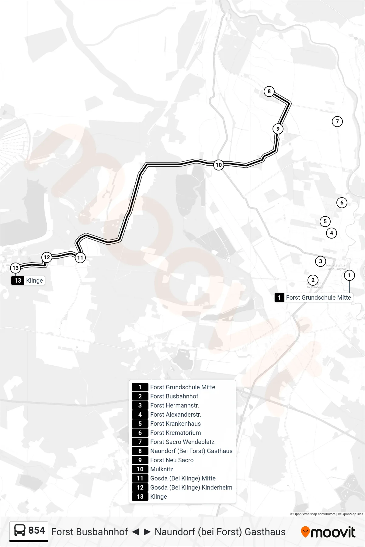 854 bus Line (Klinge) route and stops on a map