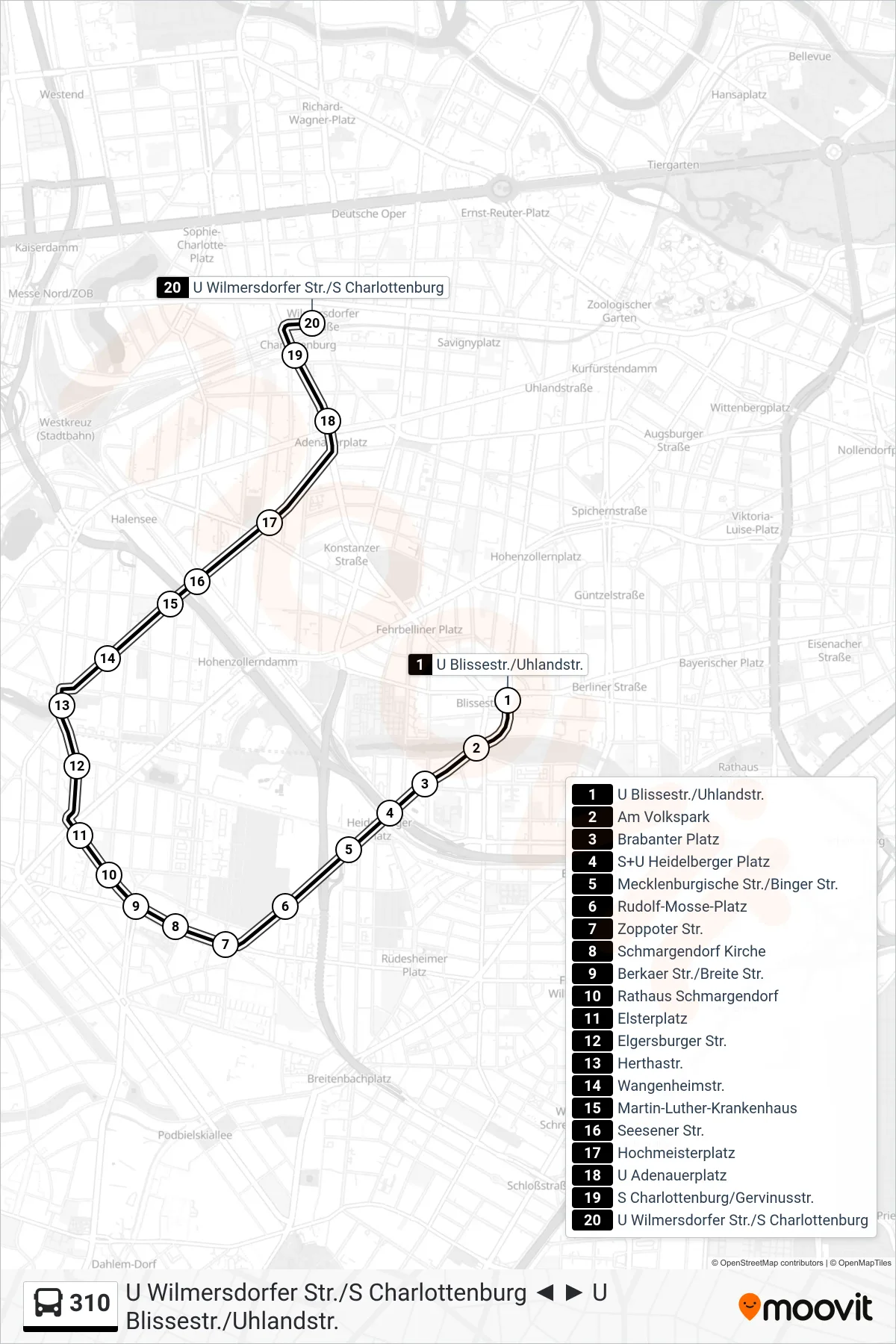 Linie 310 (Bus) Richtung U Wilmersdorfer Str./S Charlottenburg: Route und Haltestellen auf der Karte