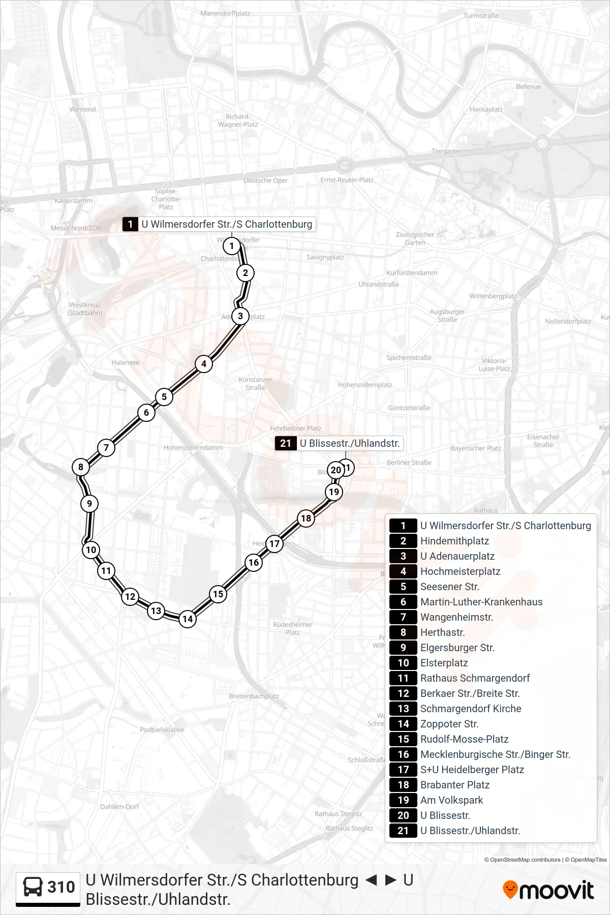 Linie 310 (Bus) Richtung U Blissestr./Uhlandstr.: Route und Haltestellen auf der Karte