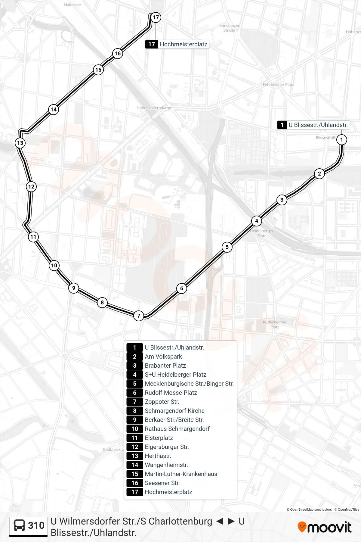 310 bus Line (Hochmeisterplatz) route and stops on a map
