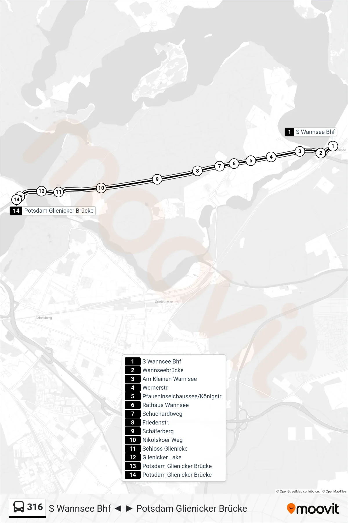 Linie 316 (Bus) Richtung Potsdam Glienicker Brücke: Route und Haltestellen auf der Karte