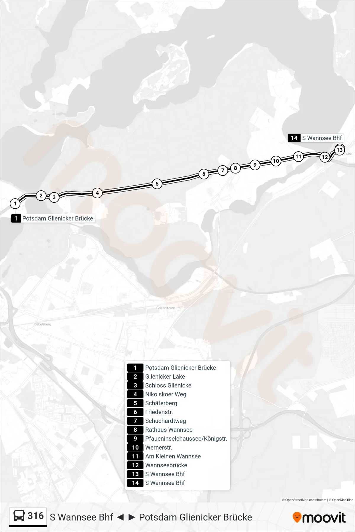 Linie 316 (Bus) Richtung S Wannsee Bhf: Route und Haltestellen auf der Karte