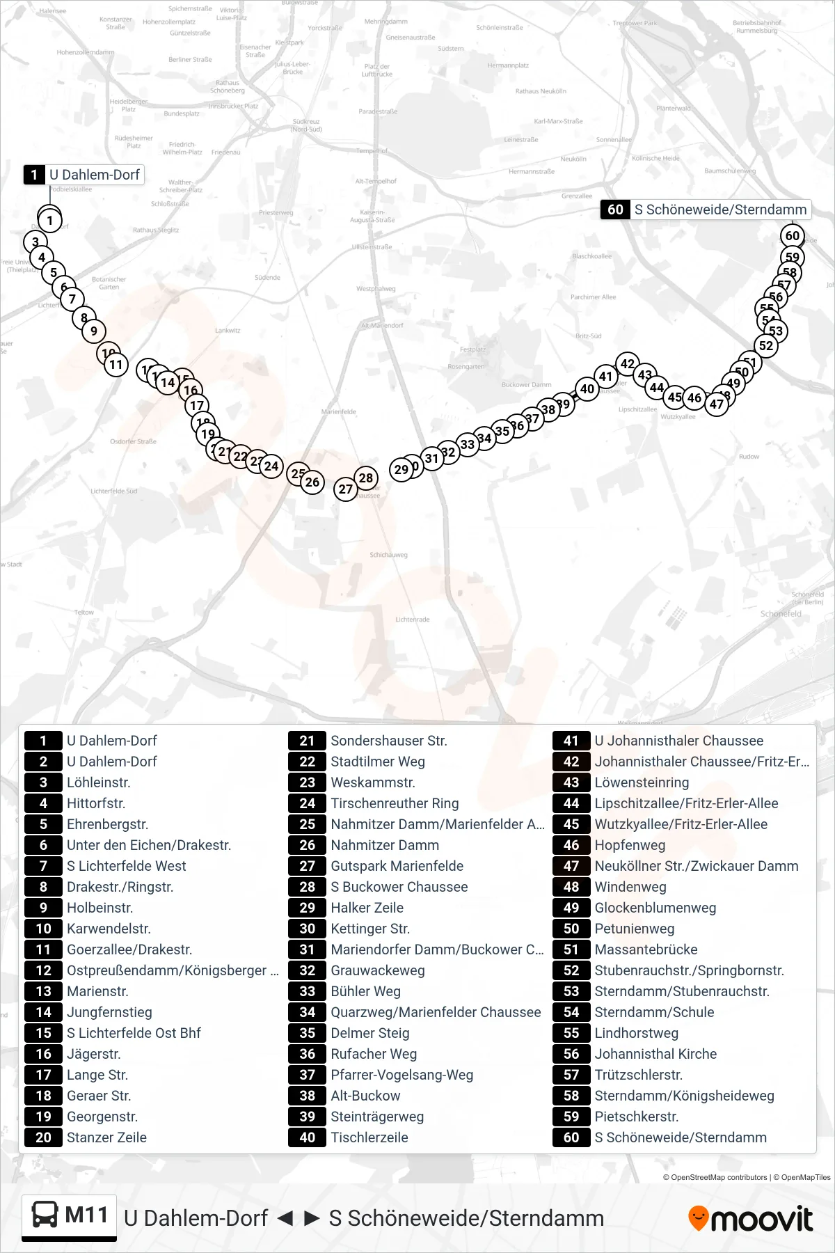 Linie M11 (Bus) Richtung S Schöneweide/Sterndamm: Route und Haltestellen auf der Karte