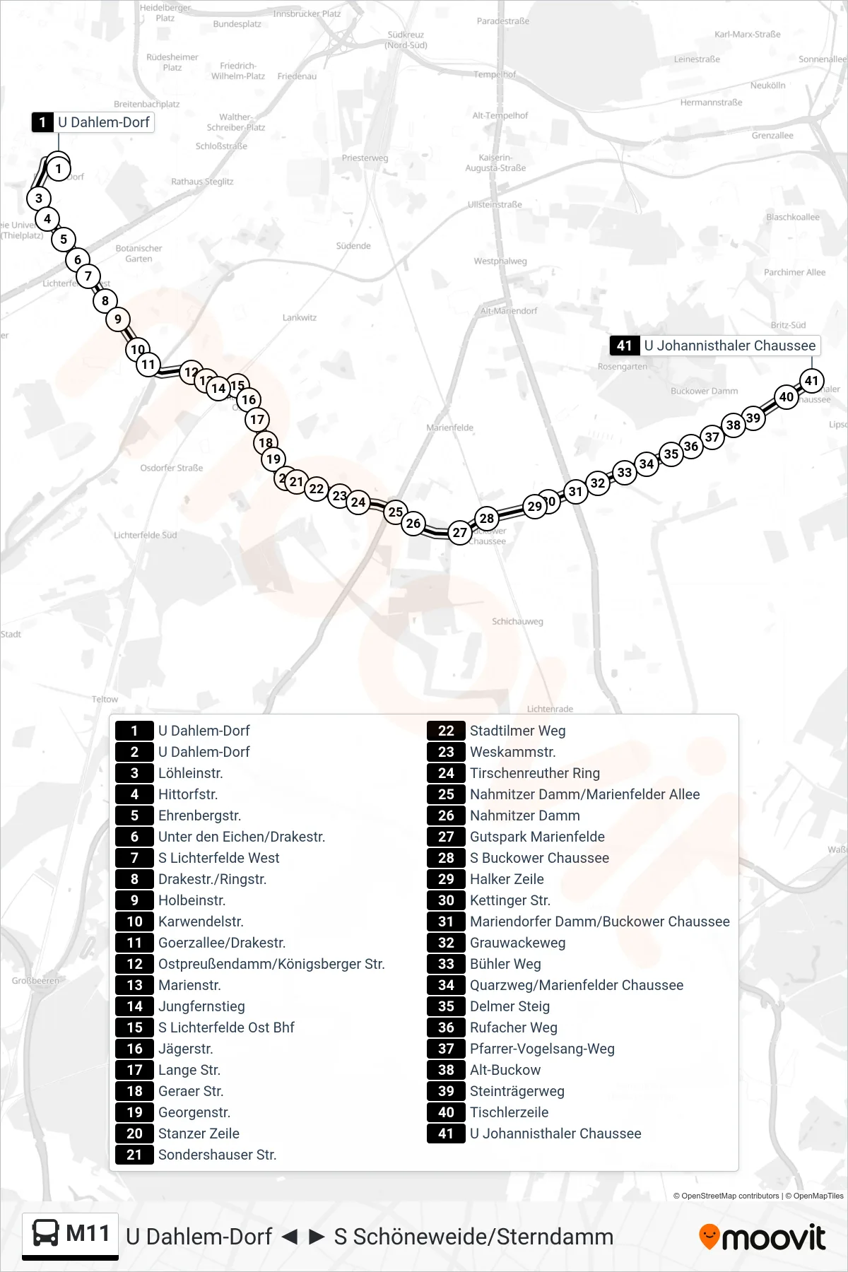 Linie M11 (Bus) Richtung U Johannisthaler Chaussee: Route und Haltestellen auf der Karte