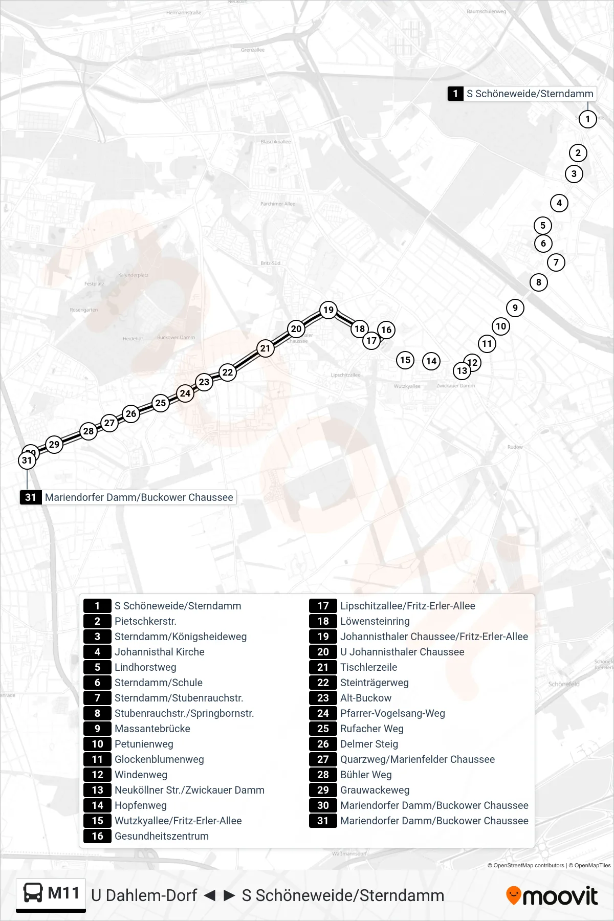 M11 bus Line (Mariendorfer Damm/Buckower Chaussee) route and stops on a map