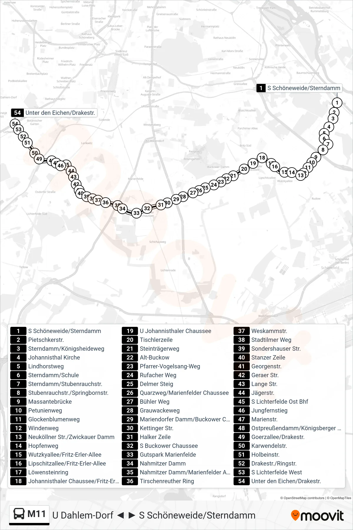 Linie M11 (Bus) Richtung Unter den Eichen/Drakestr.: Route und Haltestellen auf der Karte