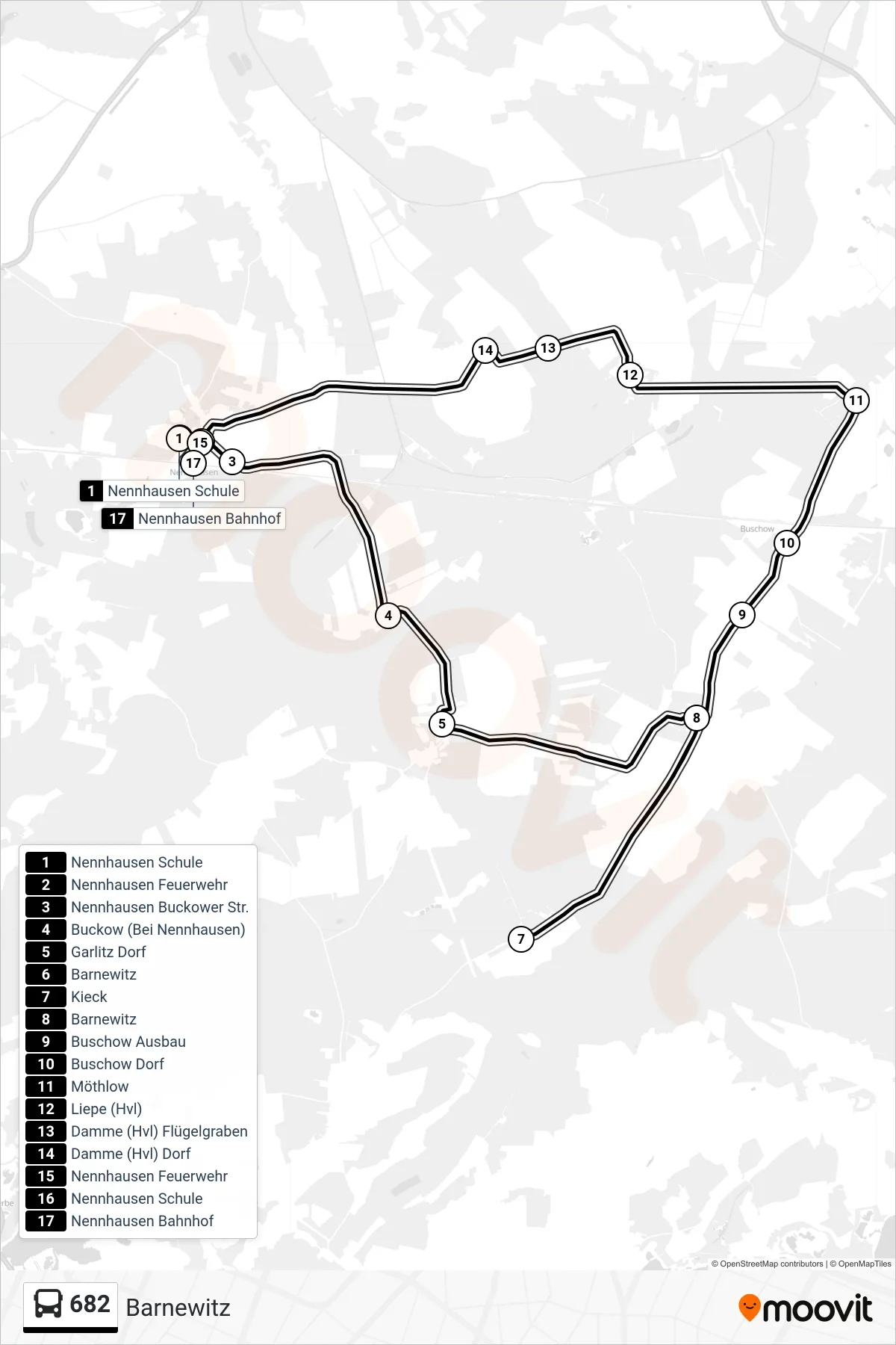 682 bus Line (Nennhausen Bahnhof) route and stops on a map