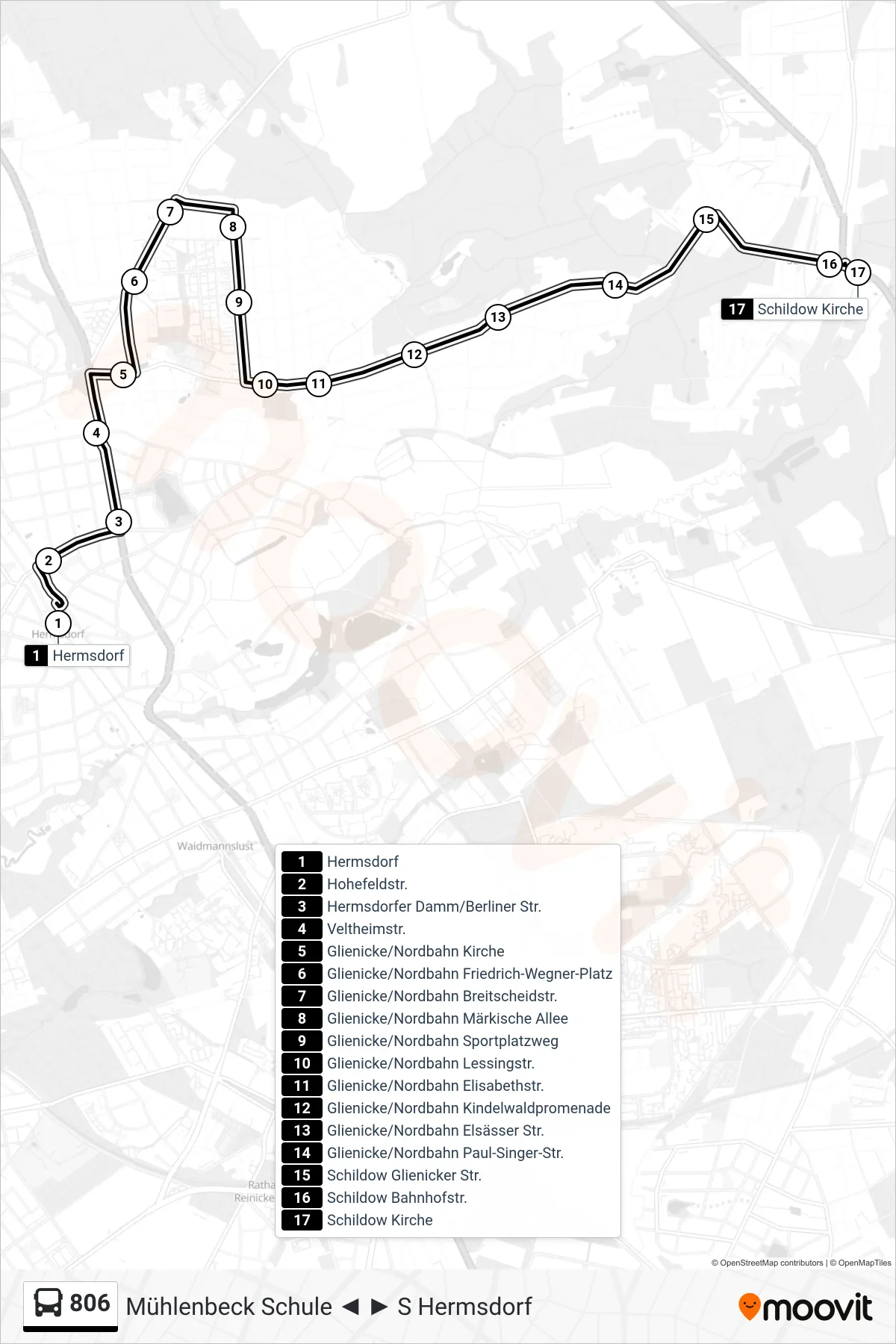 Linie 806 (Bus) Richtung Schildow Kirche: Route und Haltestellen auf der Karte