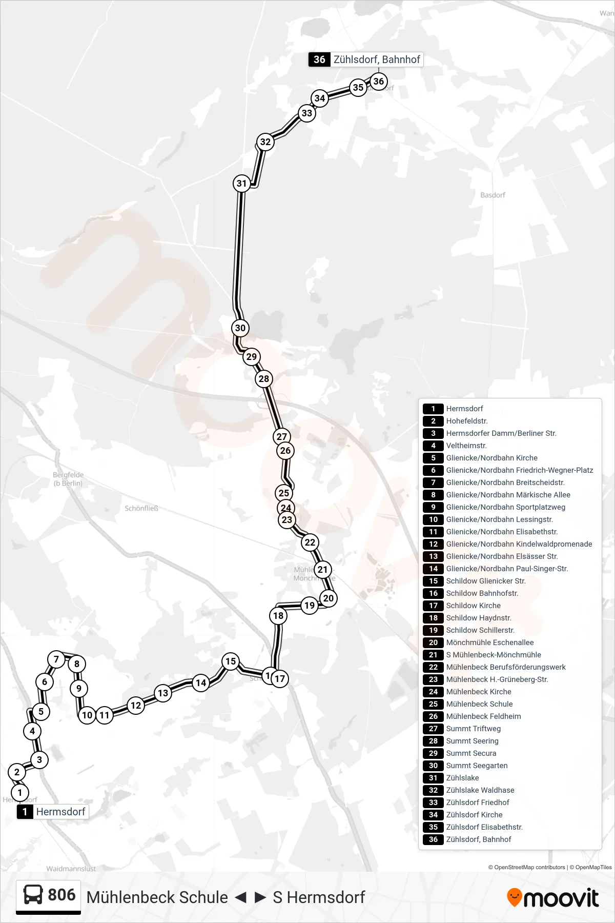 Linie 806 (Bus) Richtung Zühlsdorf Bahnhof: Route und Haltestellen auf der Karte