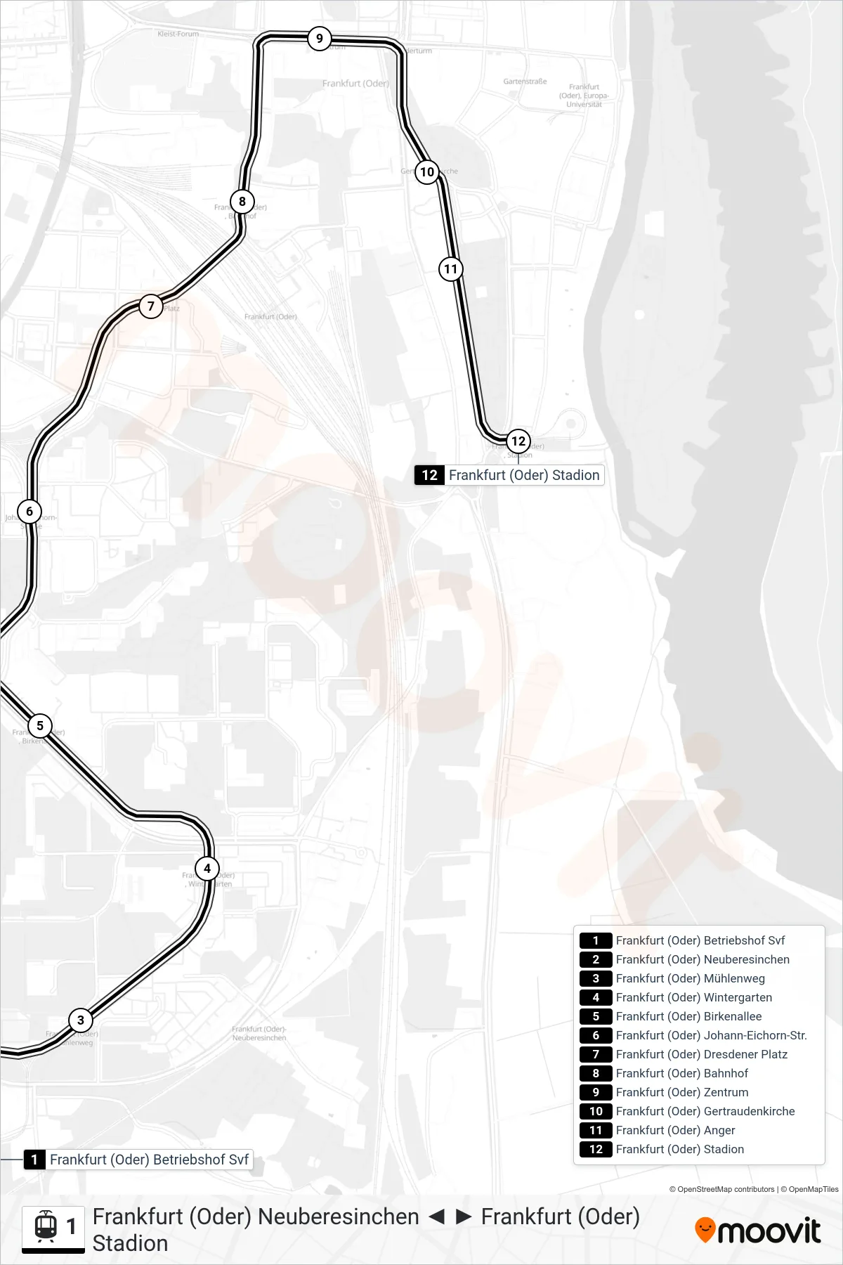 Linie 1 (Straßenbahn) Richtung Frankfurt (Oder) Stadion: Route und Haltestellen auf der Karte