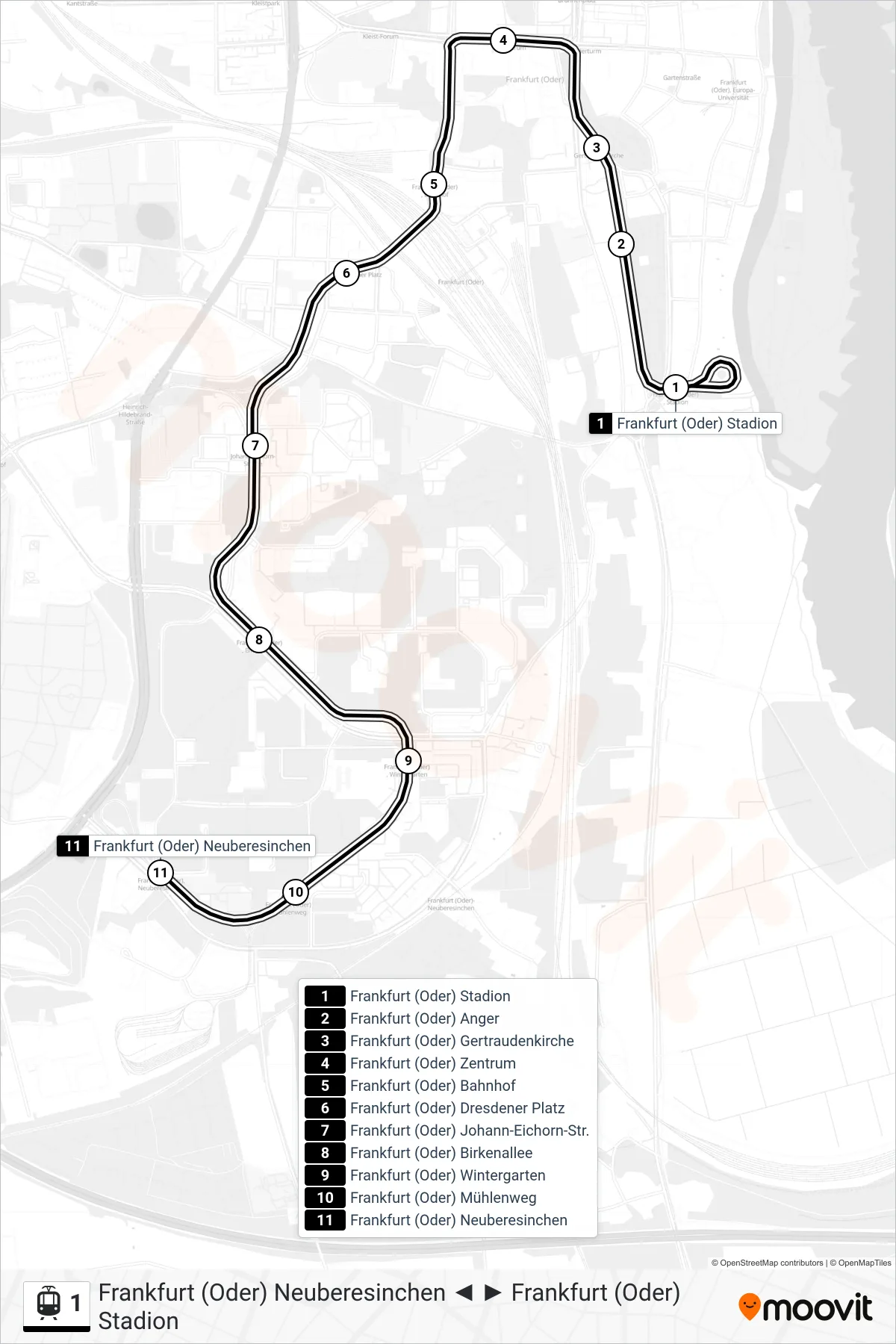 Linie 1 (Tram) Richtung Frankfurt (Oder) Neuberesinchen: Route und Haltestellen auf der Karte
