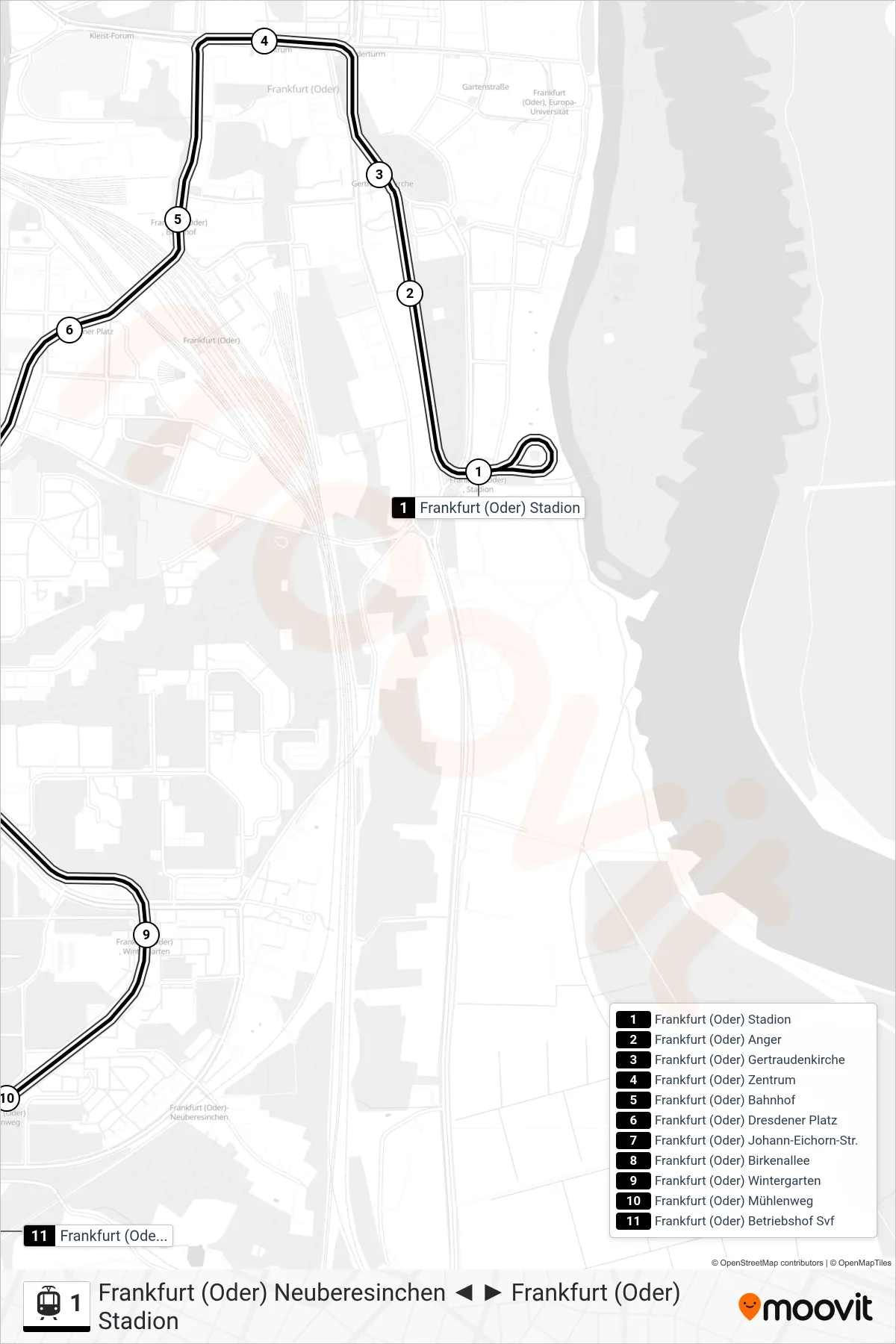 Linie 1 (Straßenbahn) Richtung Frankfurt (Oder) Betriebshof Svf: Route und Haltestellen auf der Karte