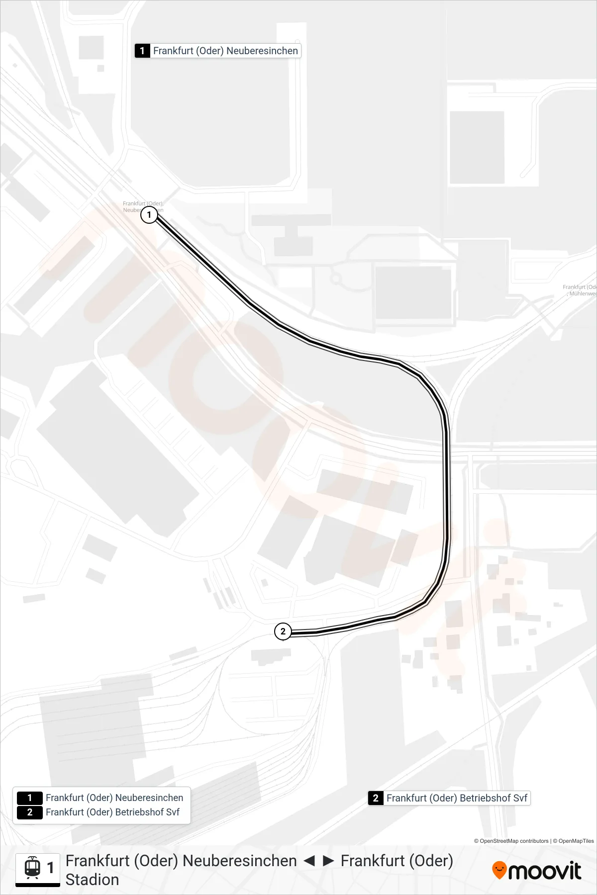 Linie 1 (Straßenbahn) Richtung Frankfurt (Oder) Betriebshof Svf: Route und Haltestellen auf der Karte