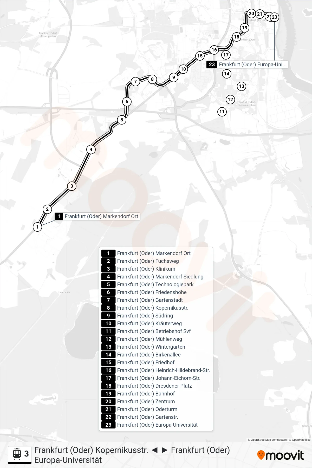 Linie 3 (Straßenbahn) Richtung Frankfurt (Oder) Europa-Universität: Route und Haltestellen auf der Karte