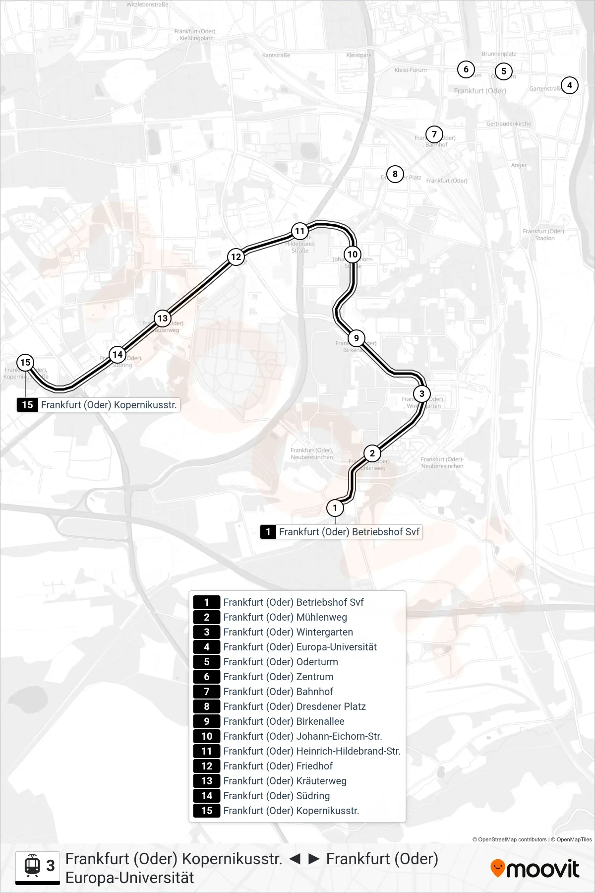 3 light rail Line (Frankfurt (Oder) Kopernikusstr.) route and stops on a map