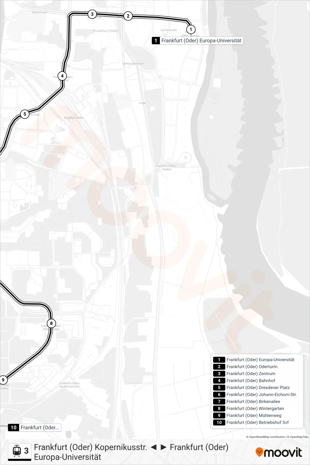 Linie 3 (Straßenbahn) Richtung Frankfurt (Oder) Betriebshof Svf: Route und Haltestellen auf der Karte