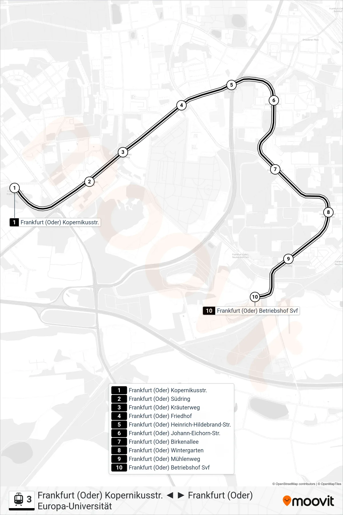 3 light rail Line (Frankfurt (Oder) Betriebshof Svf) route and stops on a map