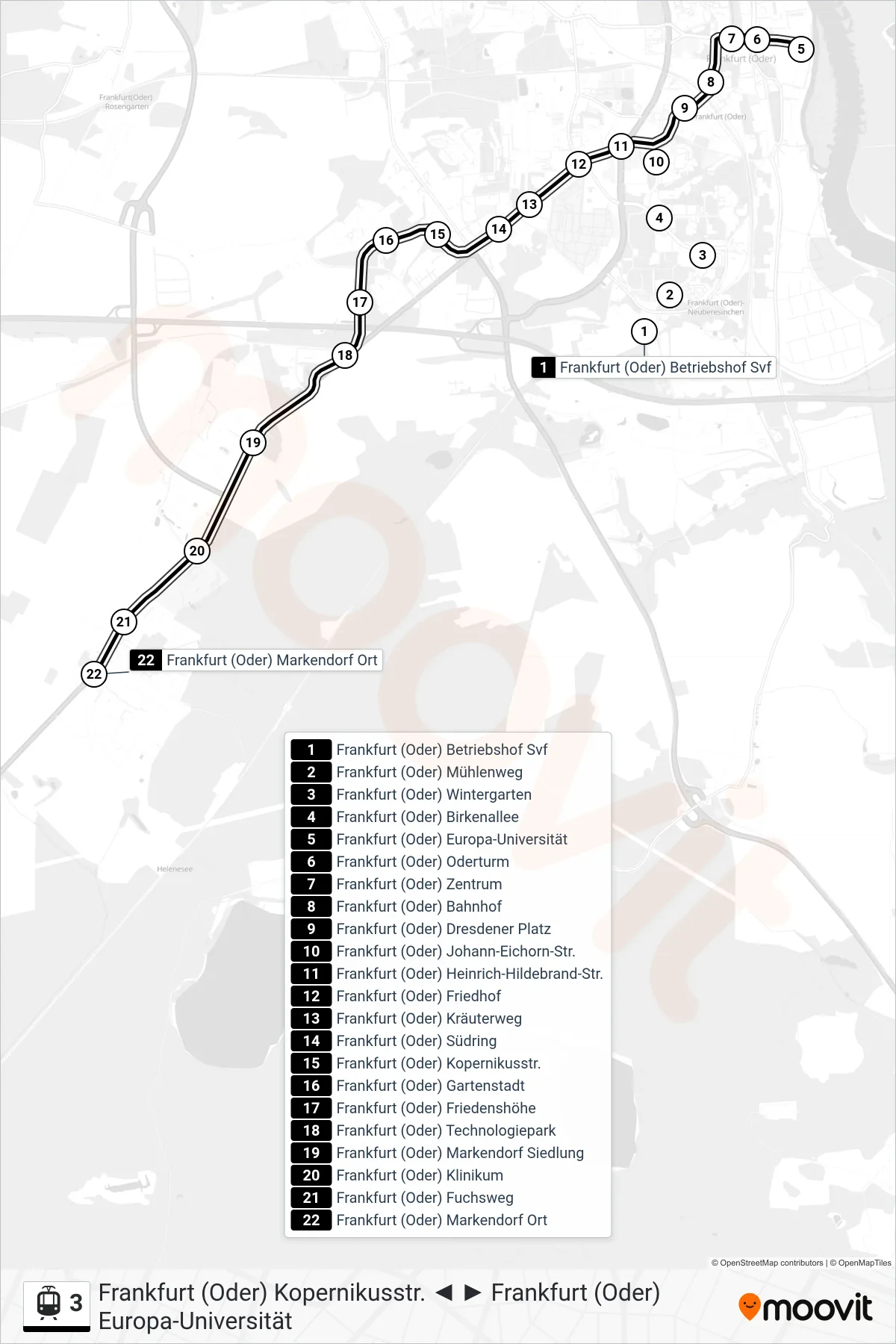 3 light rail Line (Frankfurt (Oder) Markendorf Ort) route and stops on a map