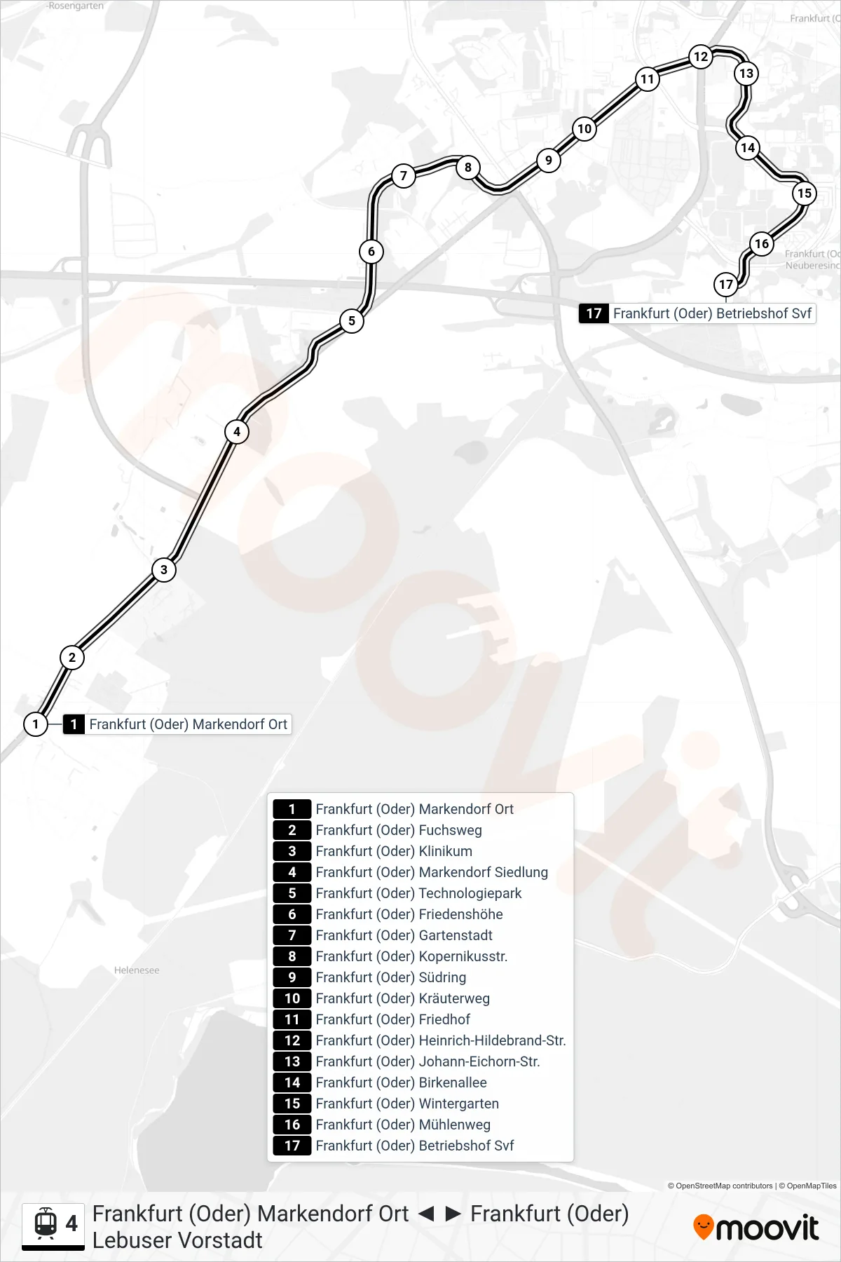 Linie 4 (Straßenbahn) Richtung Frankfurt (Oder) Betriebshof Svf: Route und Haltestellen auf der Karte