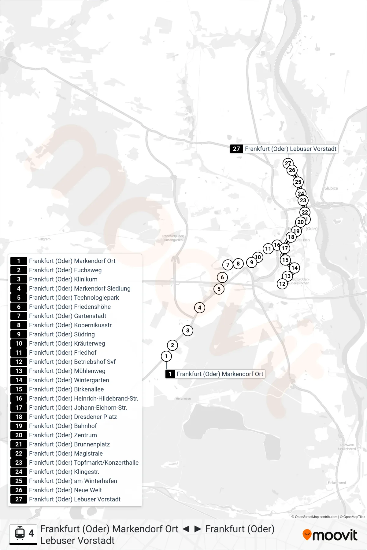 Linie 4 (Straßenbahn) Richtung Frankfurt (Oder) Lebuser Vorstadt: Route und Haltestellen auf der Karte