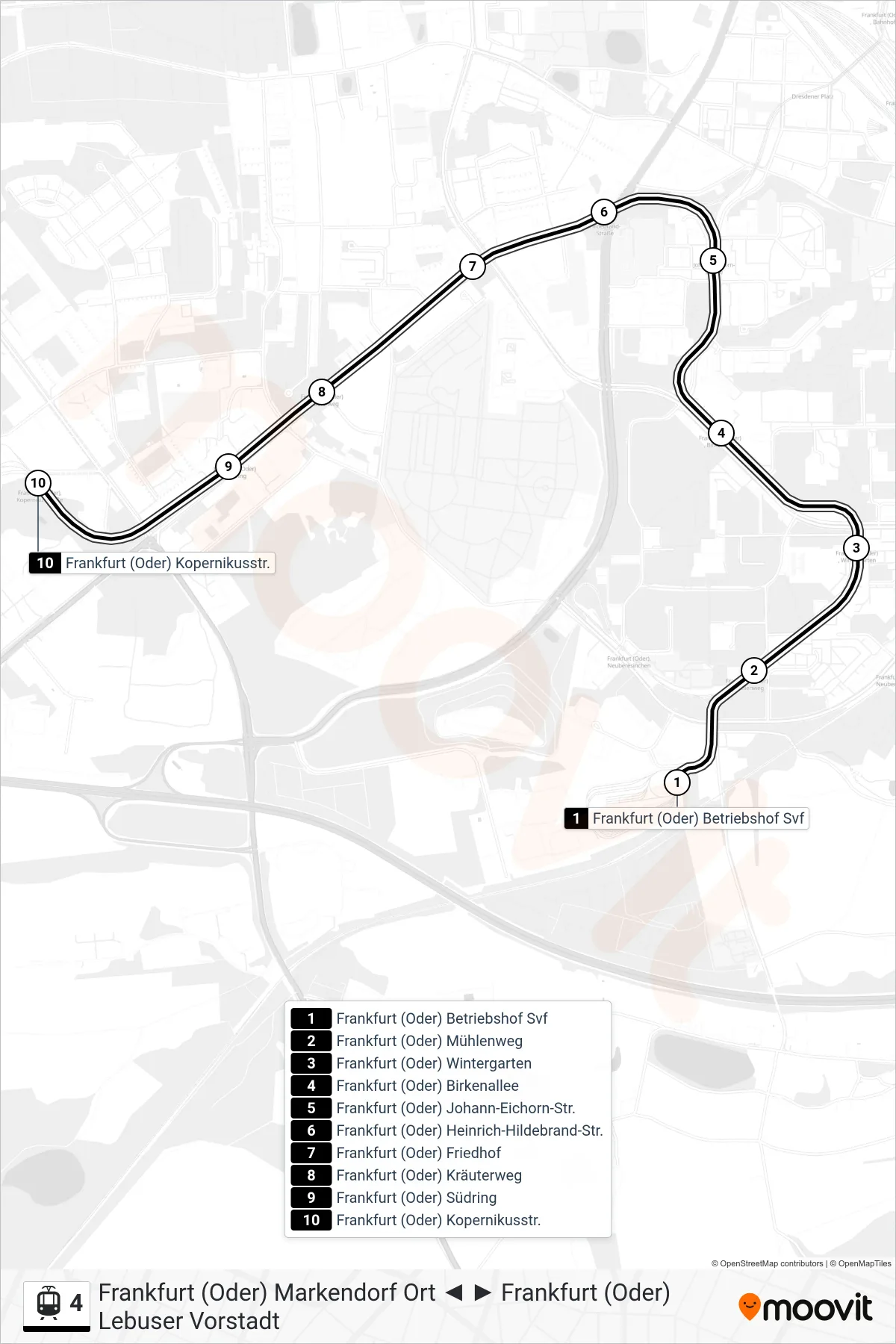 Linie 4 (Straßenbahn) Richtung Frankfurt (Oder) Kopernikusstr.: Route und Haltestellen auf der Karte