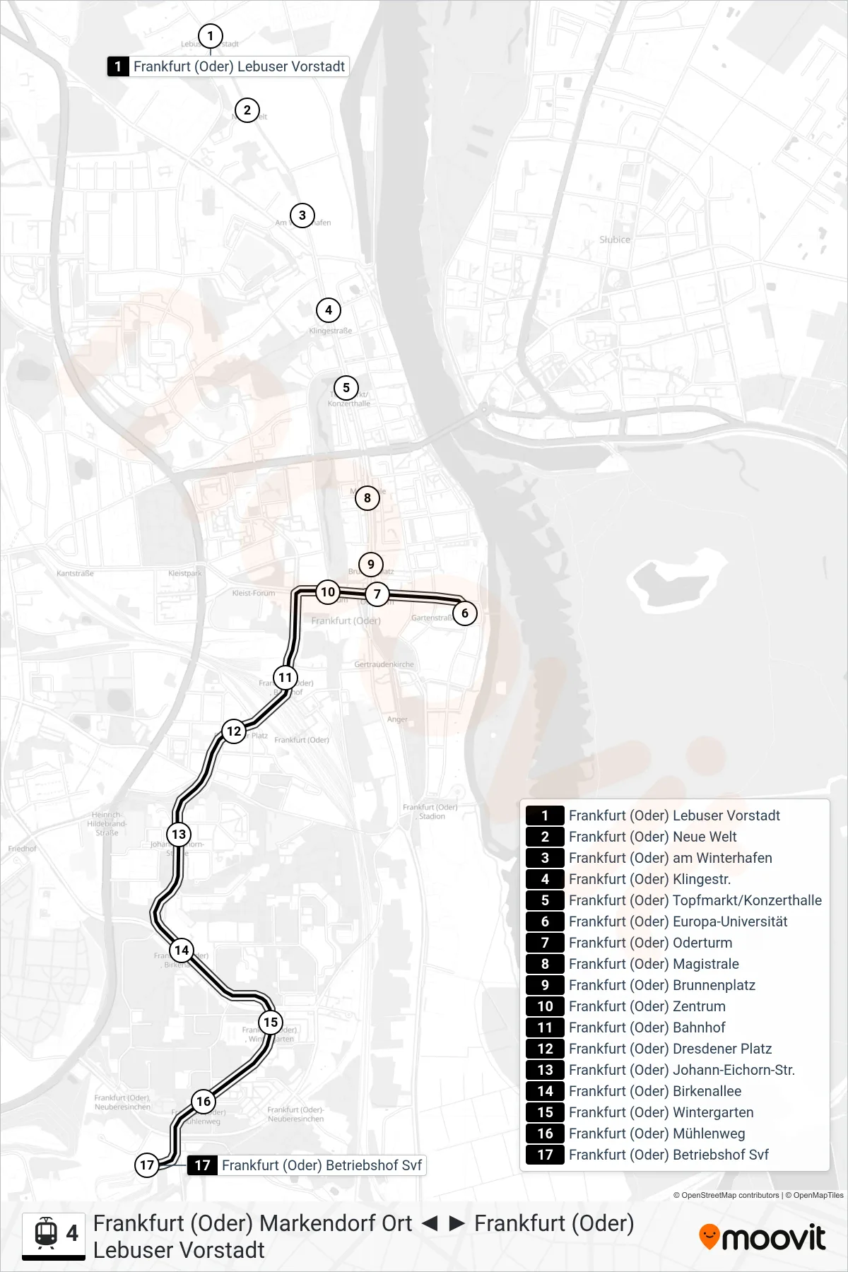 Linie 4 (Straßenbahn) Richtung Frankfurt (Oder) Betriebshof Svf: Route und Haltestellen auf der Karte