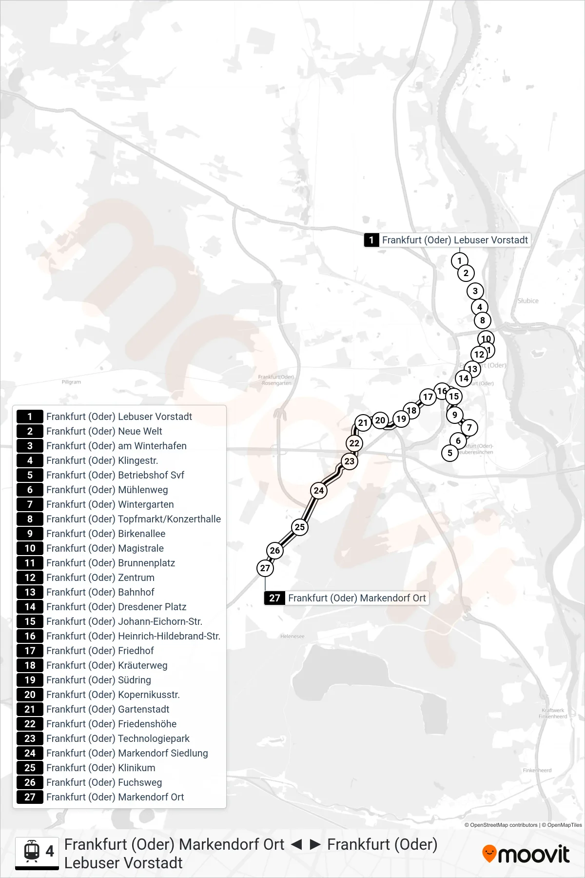 Linie 4 (Straßenbahn) Richtung Frankfurt (Oder) Markendorf Ort: Route und Haltestellen auf der Karte