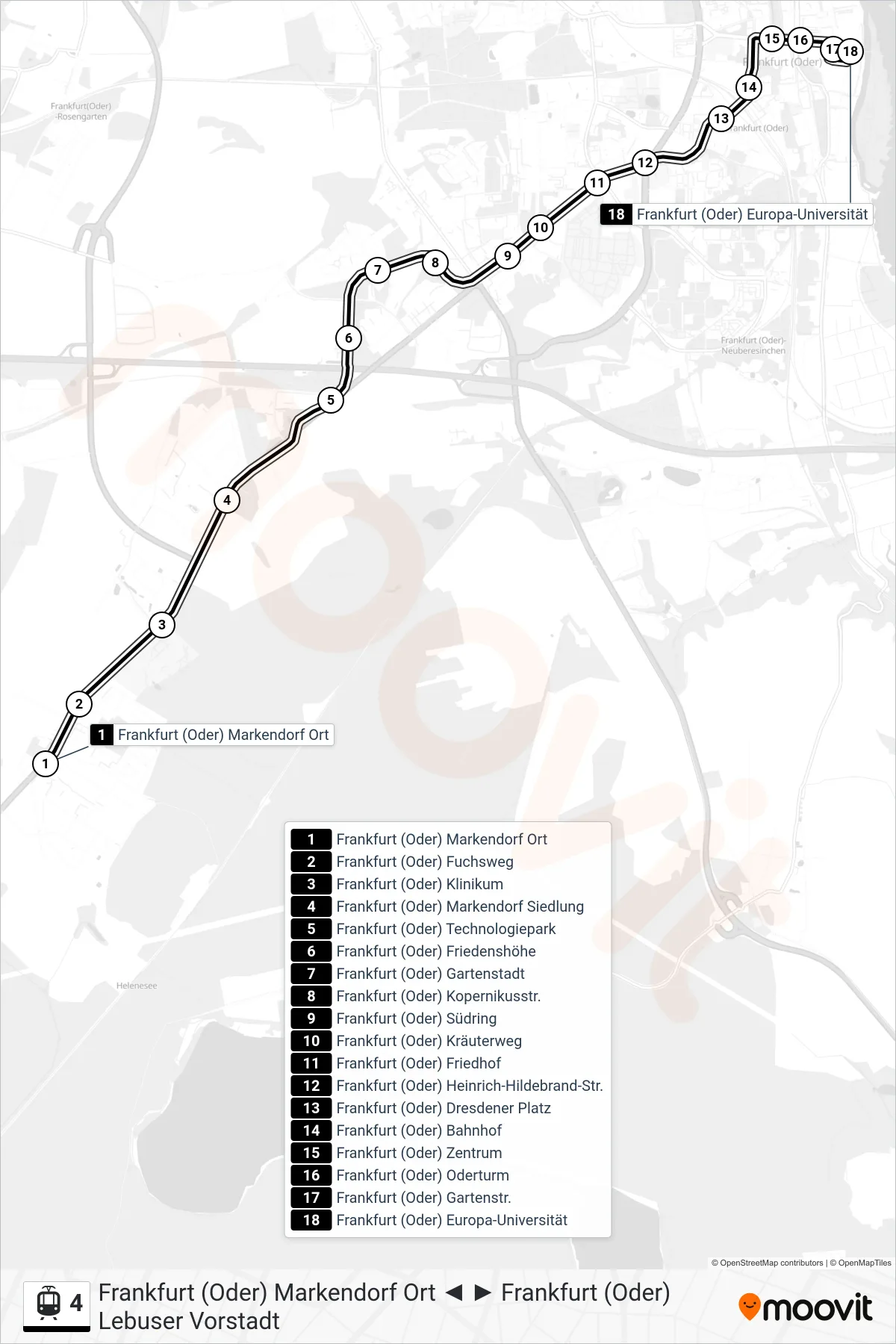 4 light rail Line (Frankfurt (Oder) Europa-Universität) route and stops on a map