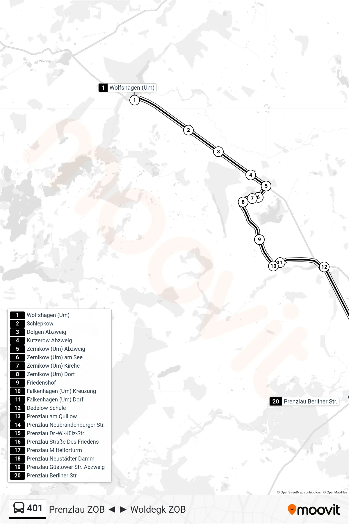 Linie 401 (Bus) Richtung Prenzlau Berliner Str.: Route und Haltestellen auf der Karte