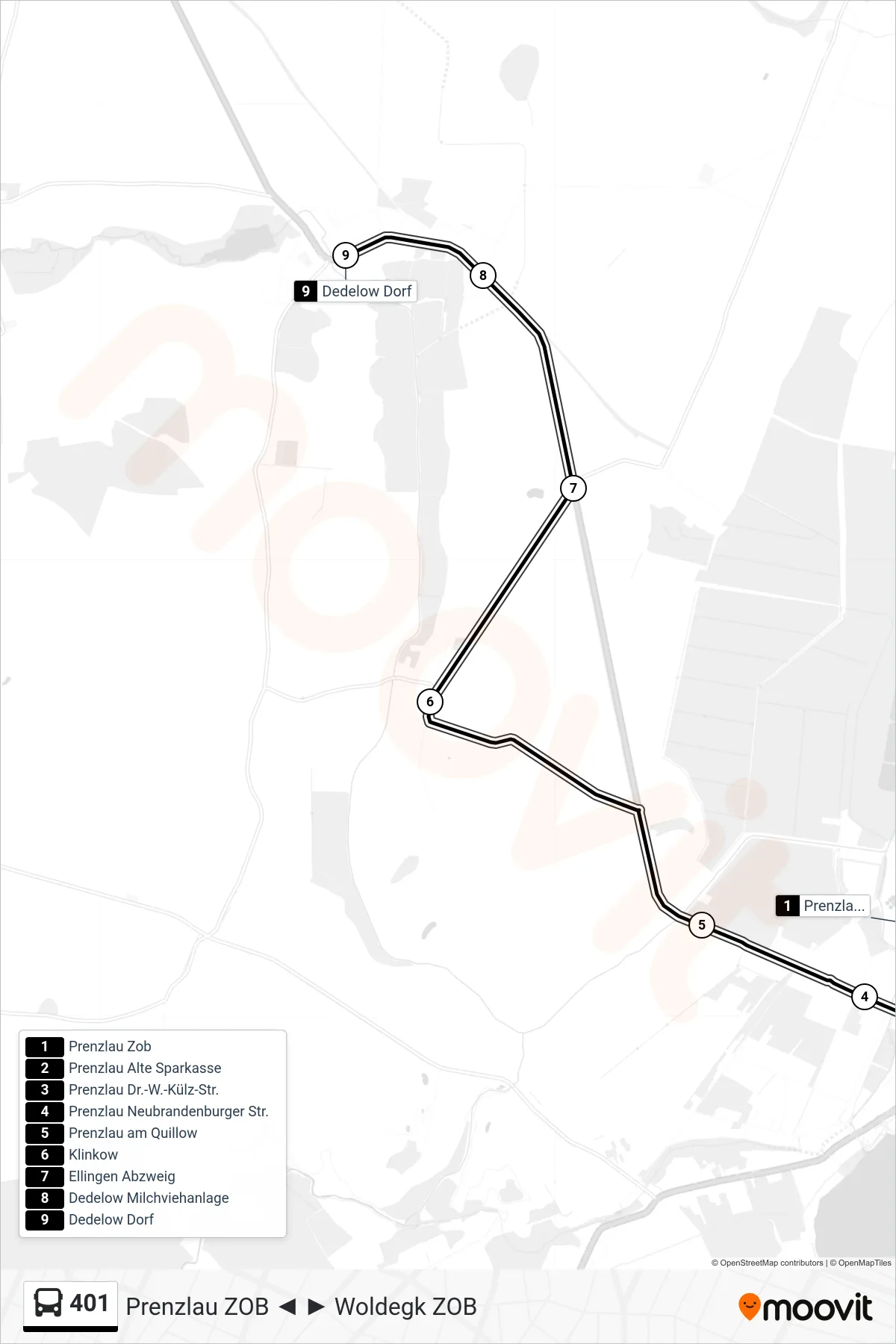 Linie 401 (Bus) Richtung Dedelow Dorf: Route und Haltestellen auf der Karte