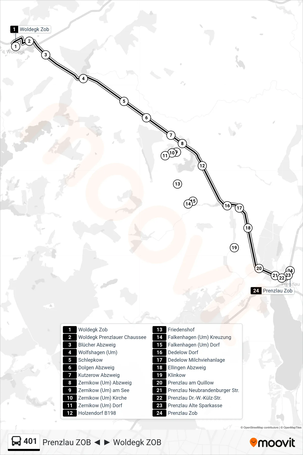 401 bus Line (Prenzlau Zob) route and stops on a map