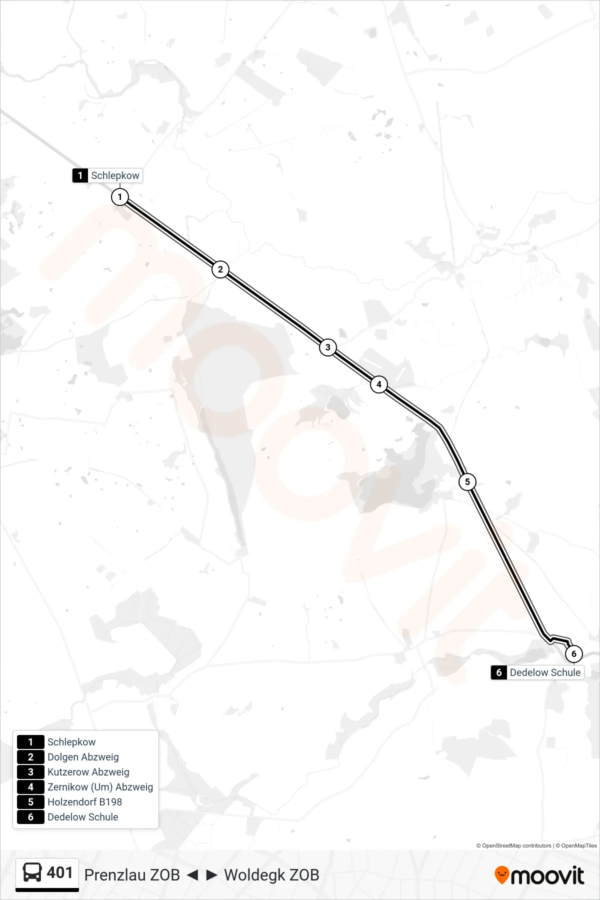 401 bus Line (Dedelow Schule) route and stops on a map
