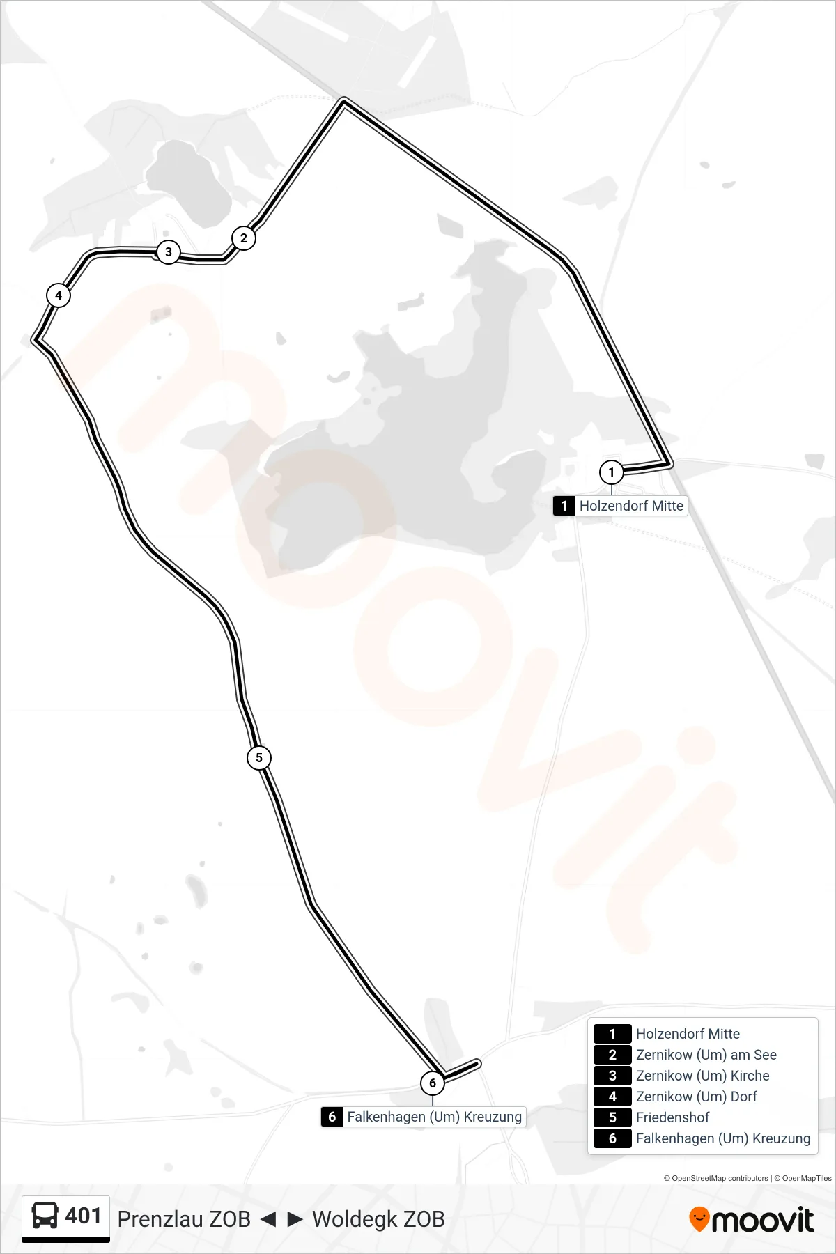 Linie 401 (Bus) Richtung Falkenhagen (Um) Kreuzung: Route und Haltestellen auf der Karte