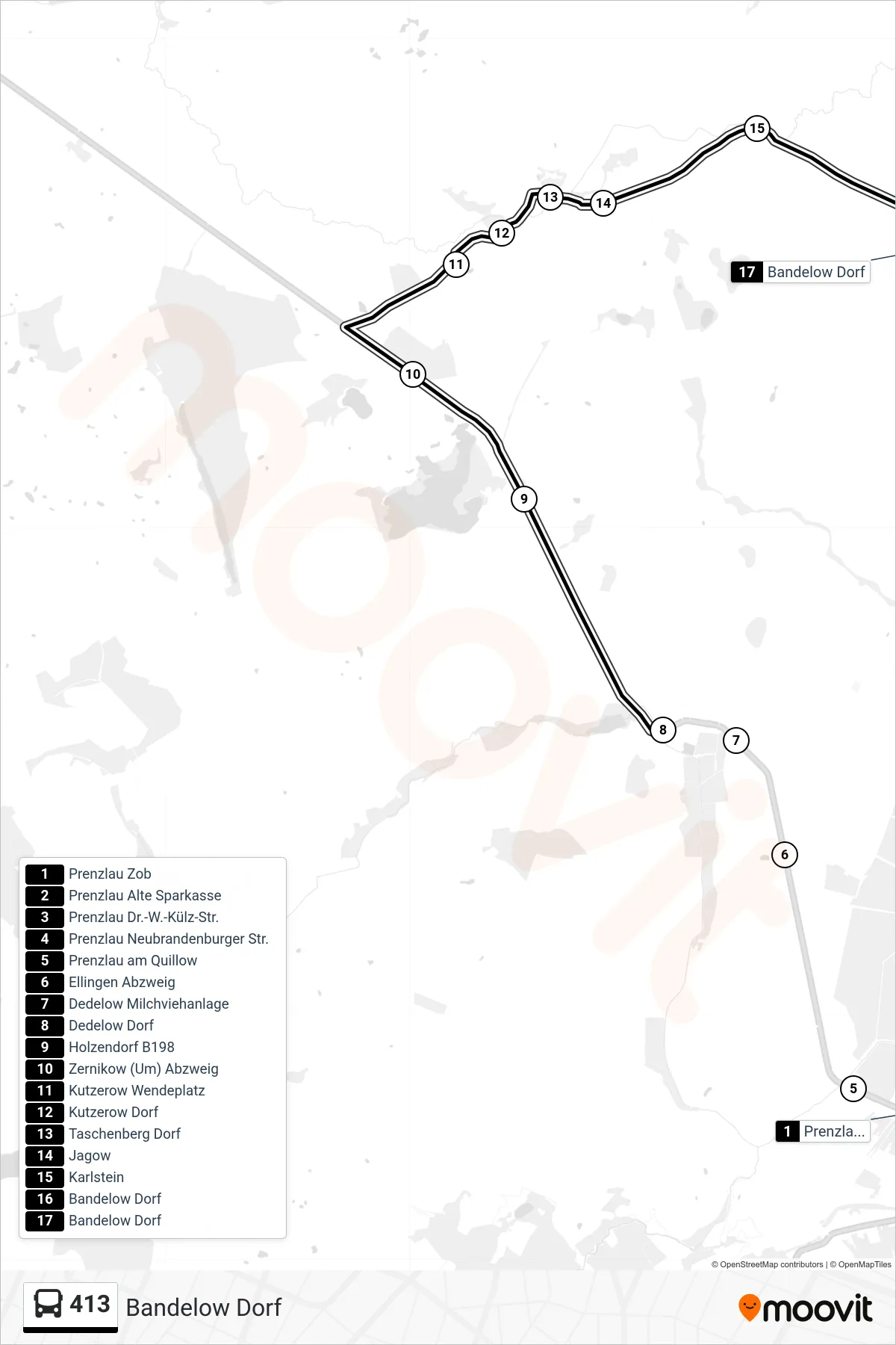Linie 413 (Bus) Richtung Bandelow Dorf: Route und Haltestellen auf der Karte
