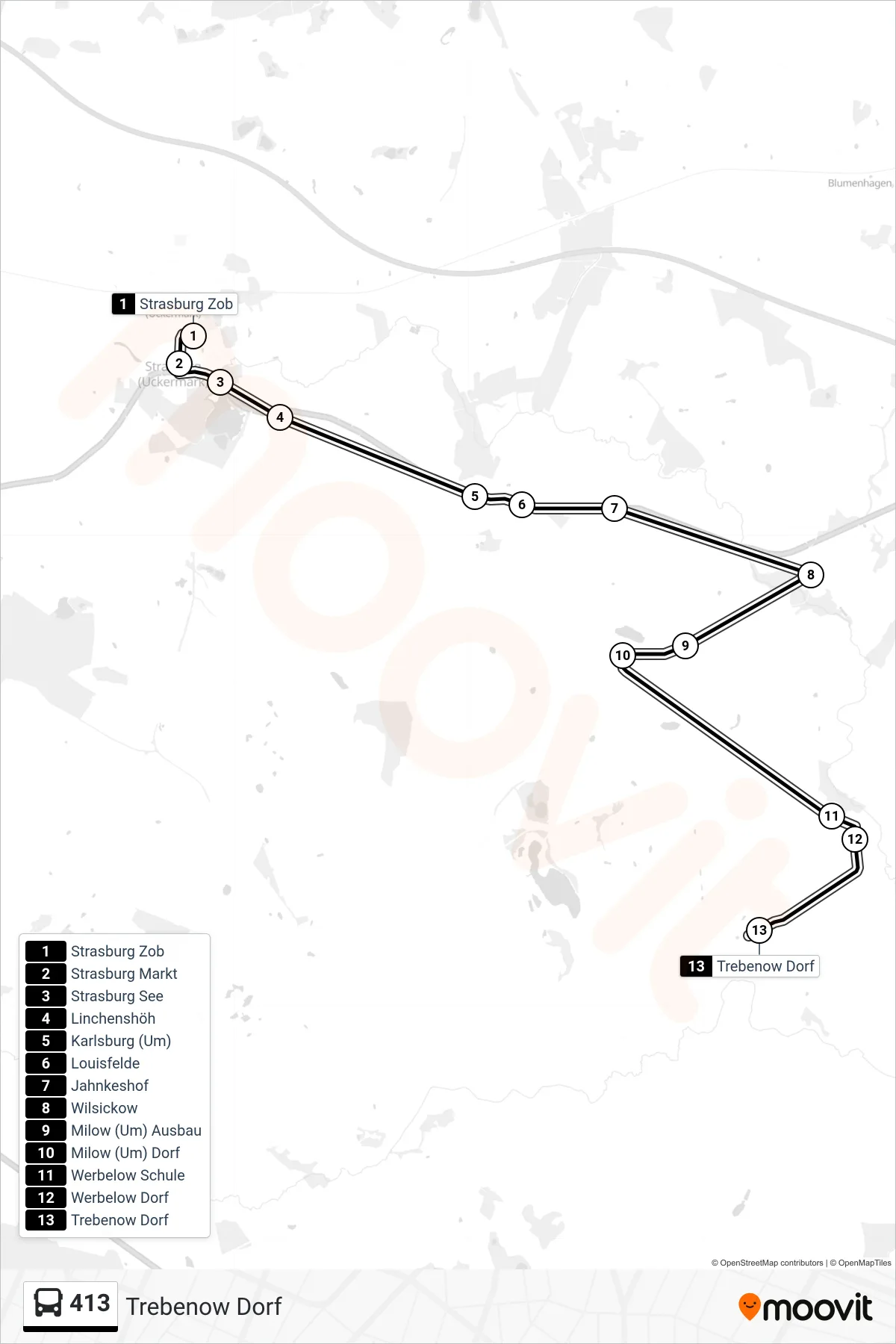 413 bus Line (Trebenow Dorf) route and stops on a map