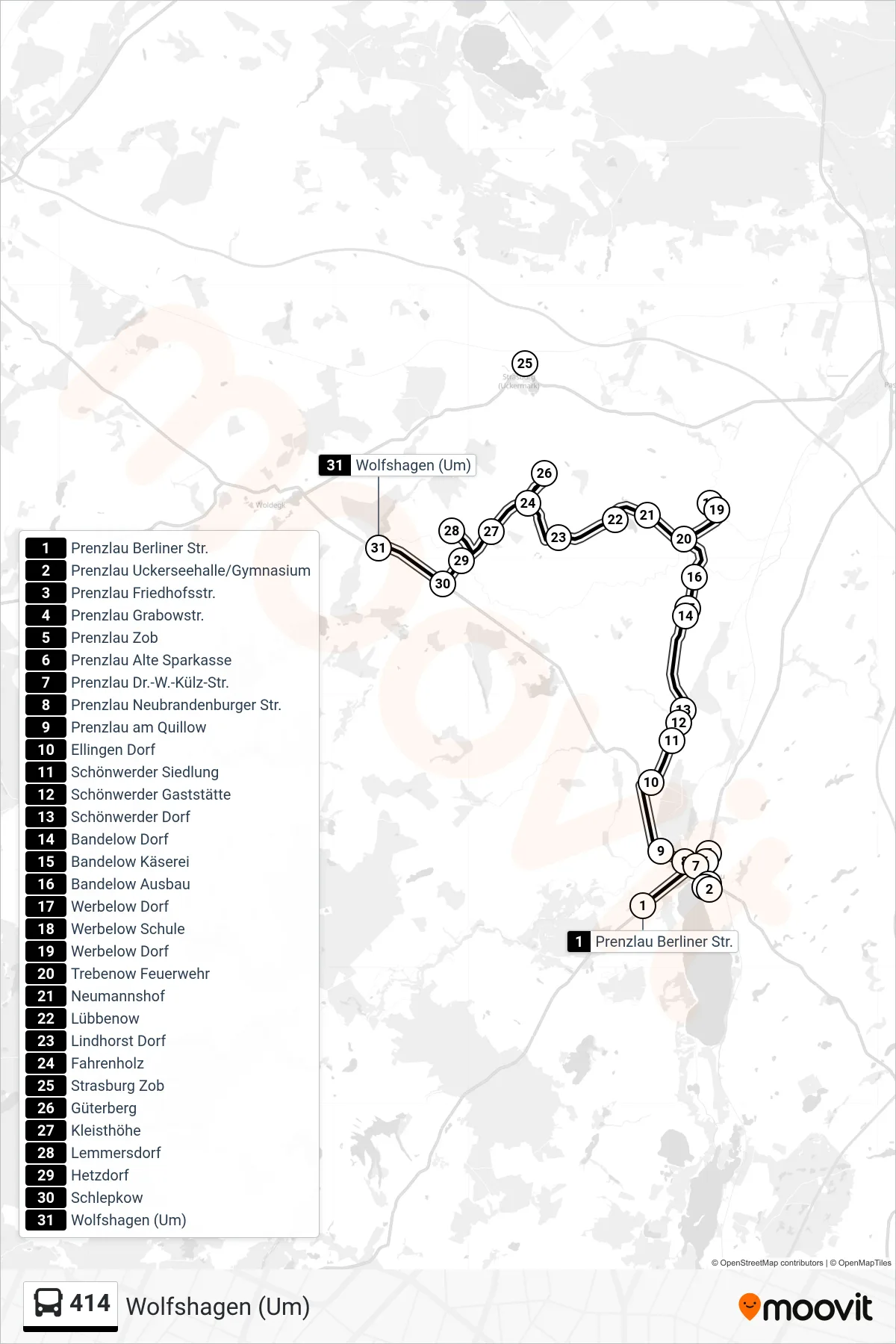 414 bus Line (Wolfshagen (Um)) route and stops on a map