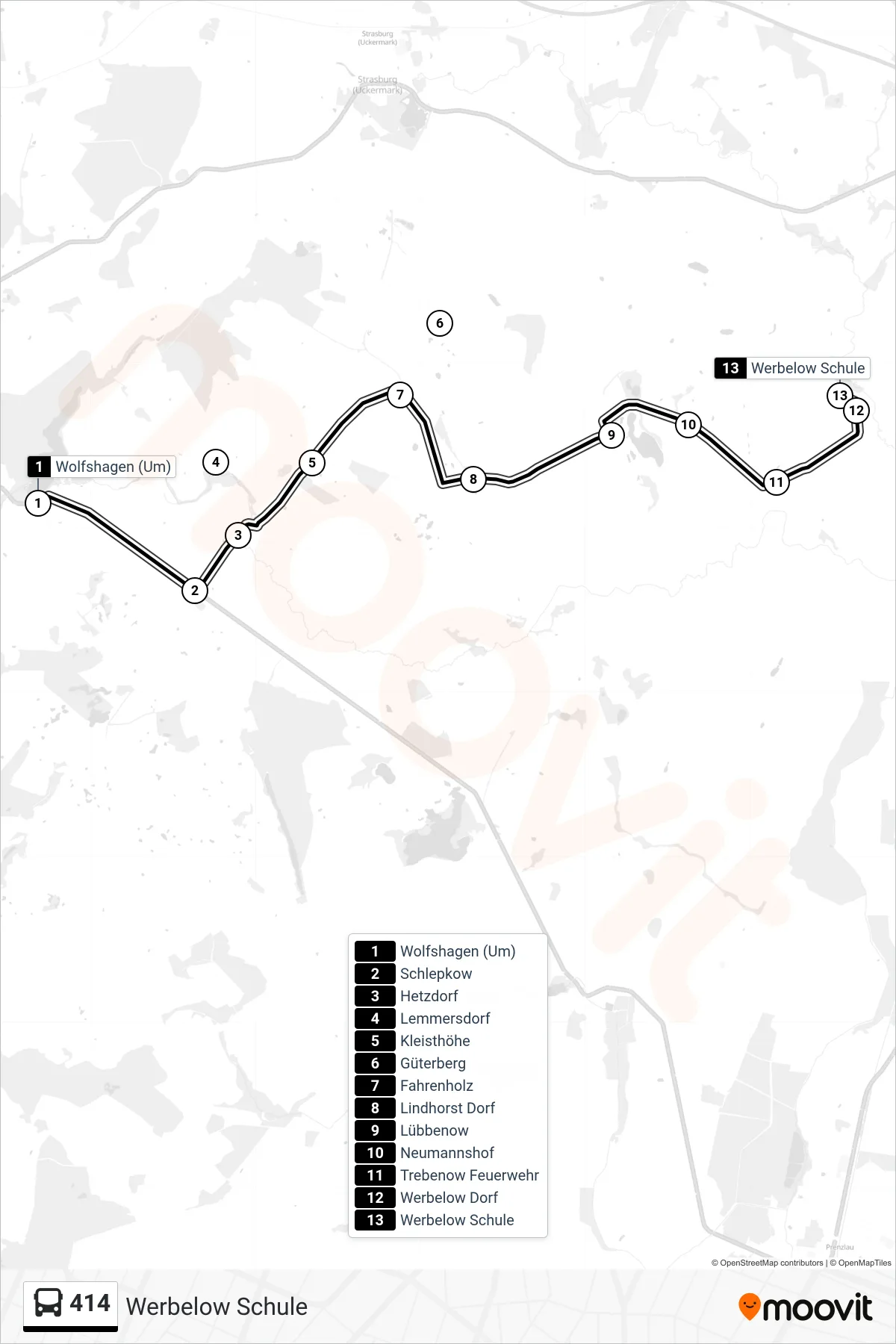 414 bus Line (Werbelow Schule) route and stops on a map