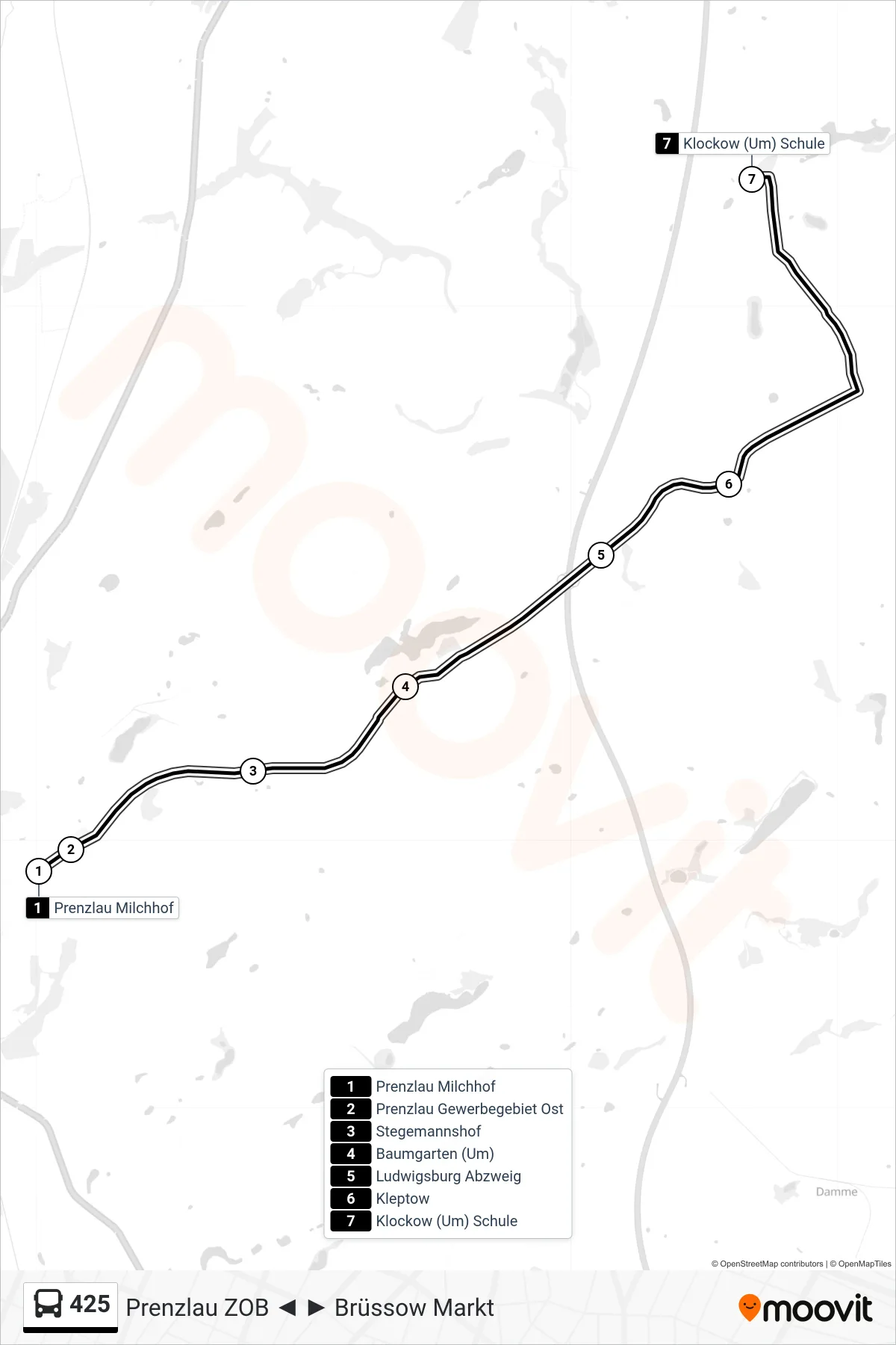 Linie 425 (Bus) Richtung Klockow (Um) Schule: Route und Haltestellen auf der Karte